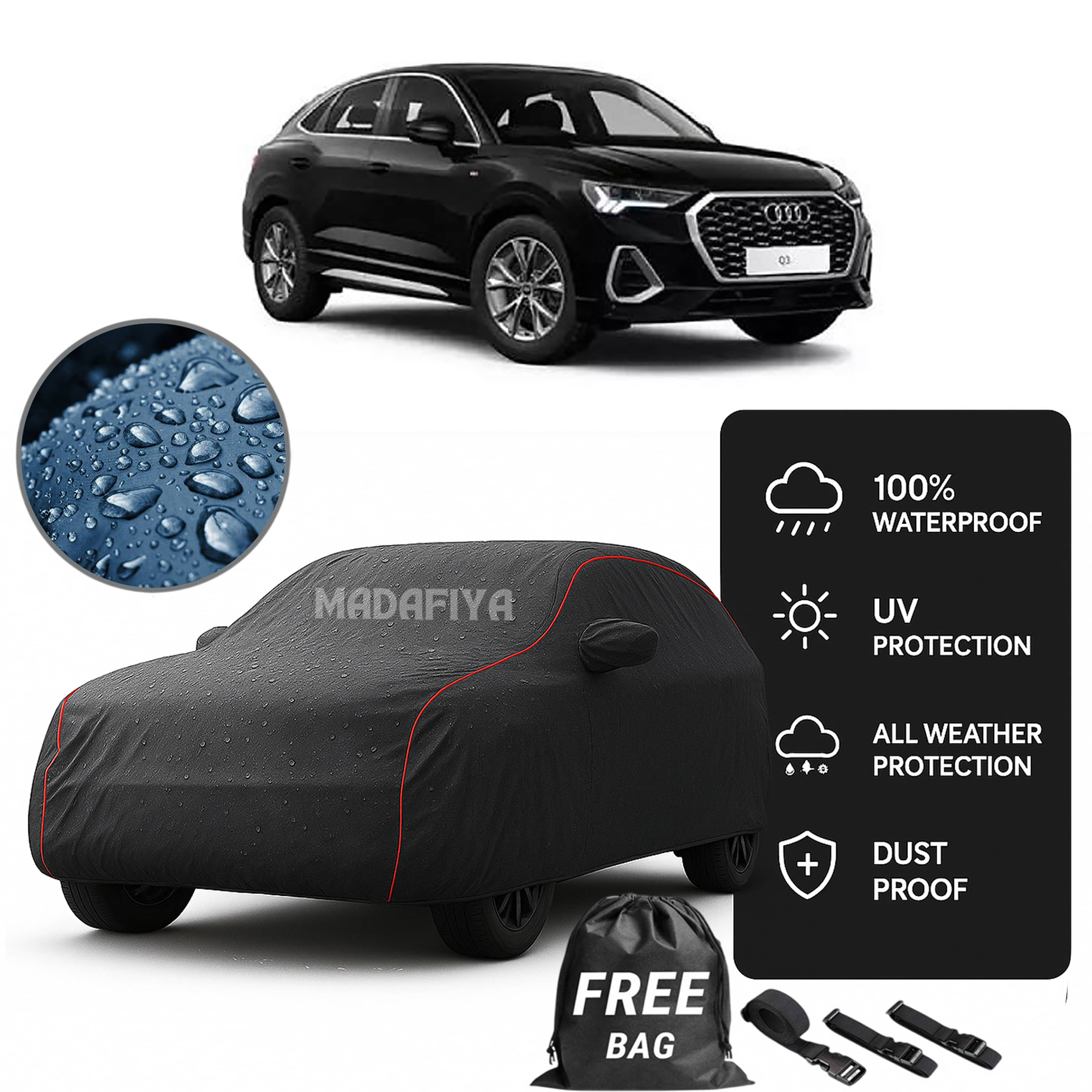     			Madafiya Car Cover Compatible With Audi-Q3-Sportback Waterproof & Uv-Resistant All-Season Protection (Grey, Pack of 1)