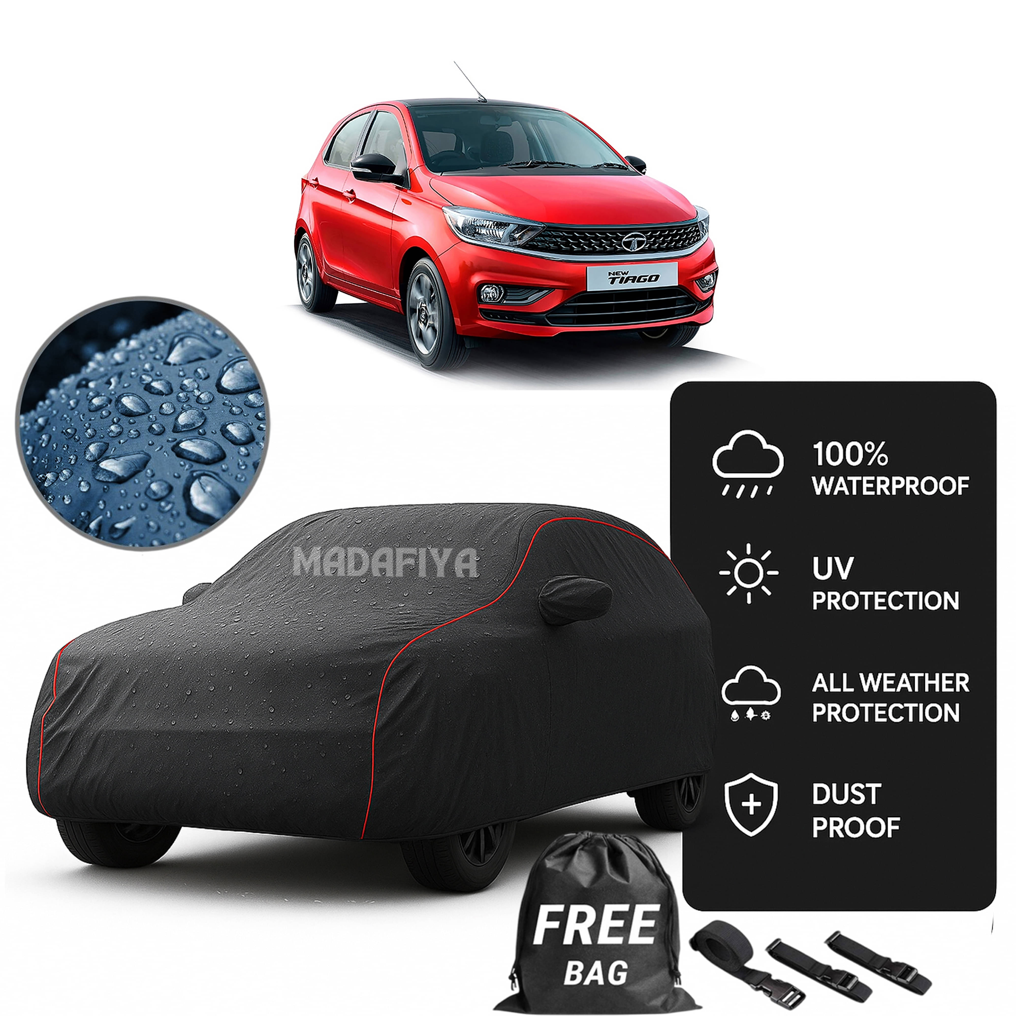     			Madafiya Car Cover Compatible With Tata Tiago Ev Waterproof & Uv-Resistant All-Season Protection (Grey, Pack of 1)