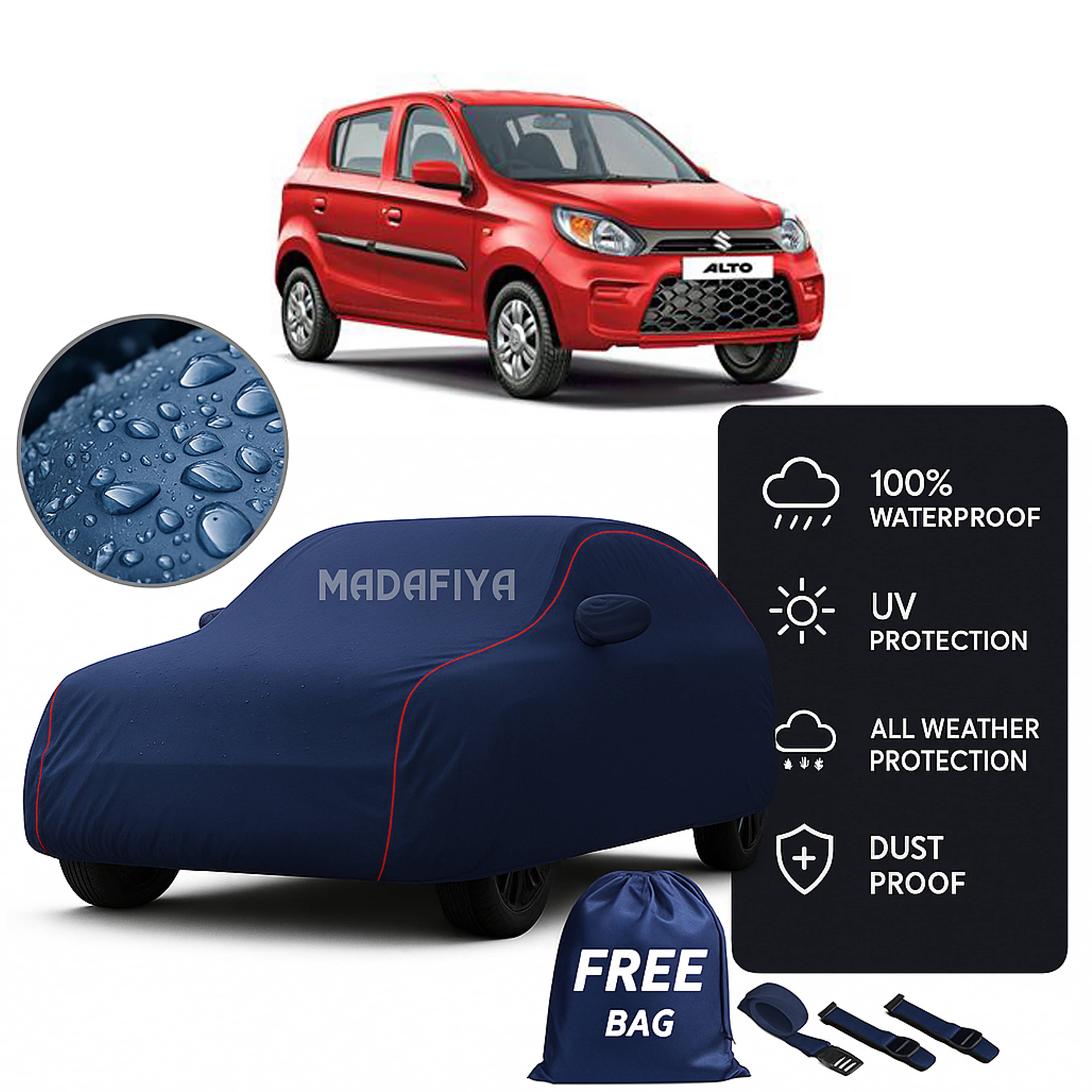     			Madafiya Car Cover Compatible With Maruti Suzuki Alto Waterproof & Uv-Resistant All-Season Protection (Blue, Pack of 1)