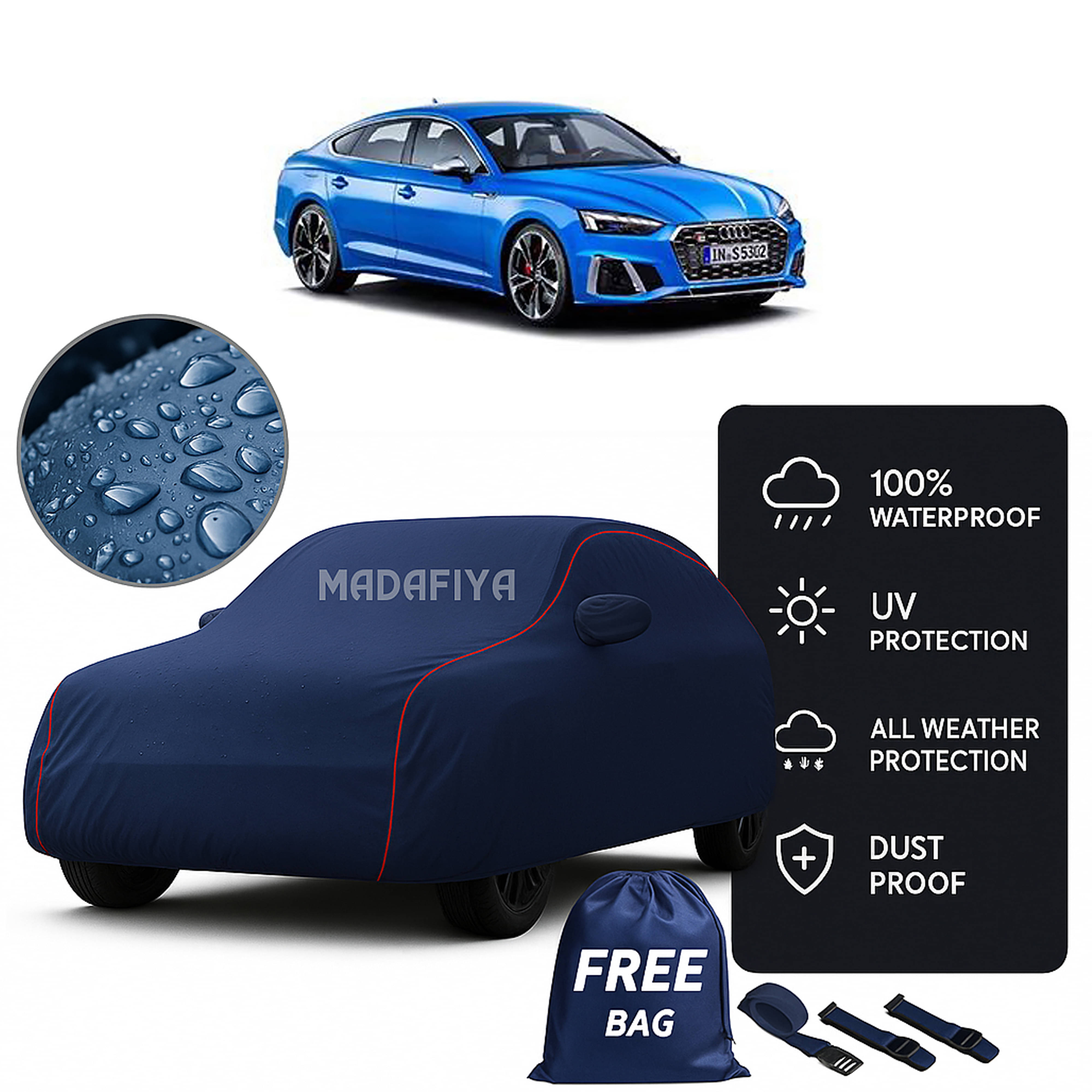     			Madafiya Car Cover Compatible With Audi-S5-Sportback Waterproof & Uv-Resistant All-Season Protection (Blue, Pack of 1)