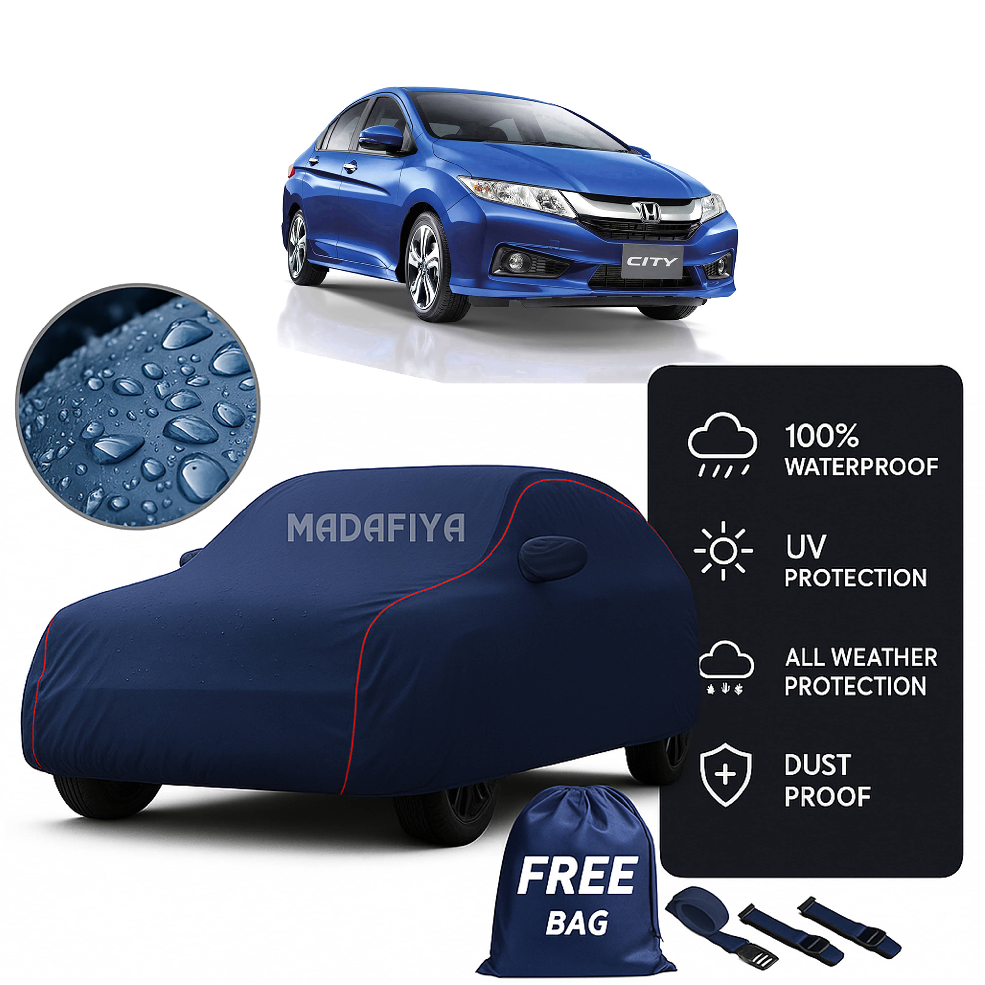     			Madafiya Car Cover Compatible With Honda New City Waterproof & Uv-Resistant All-Season Protection (Blue, Pack of 1)