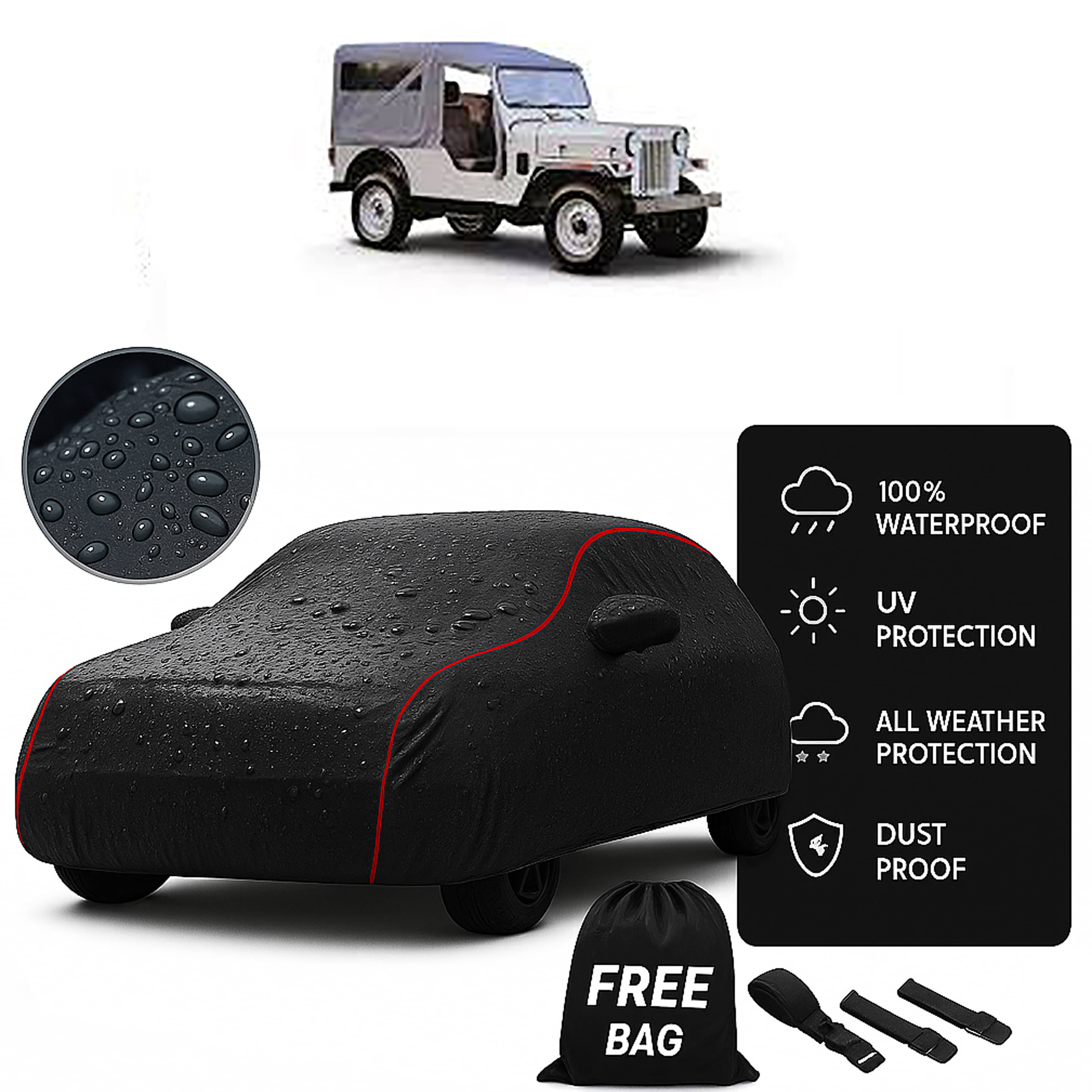     			Madafiya Car Cover Compatible With Mahindra Jeep Waterproof & Uv-Resistant All-Season Protection (Black, Pack of 1)