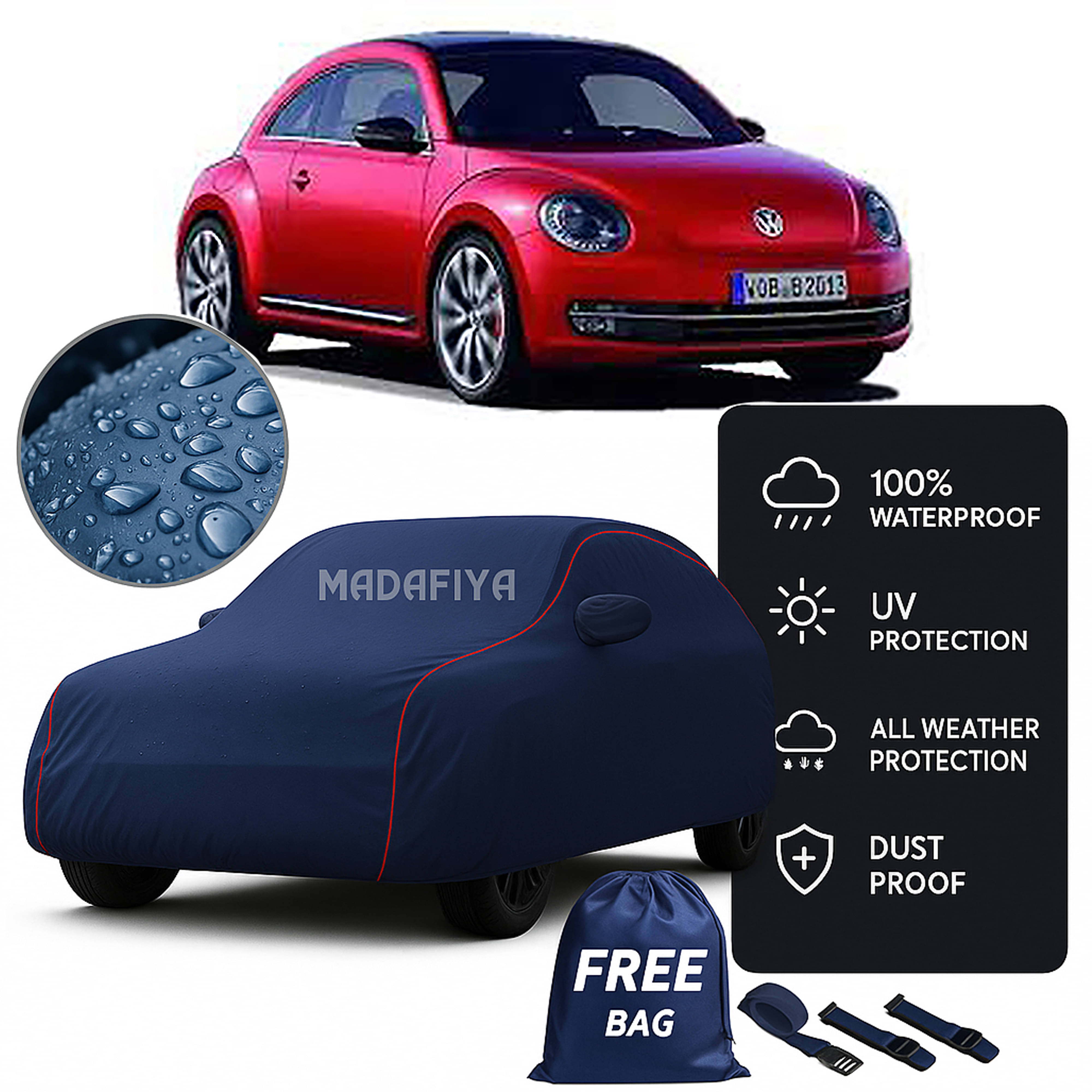     			Madafiya Car Cover Compatible With Volkswagen Beetle Waterproof & Uv-Resistant All-Season Protection (Blue, Pack of 1)