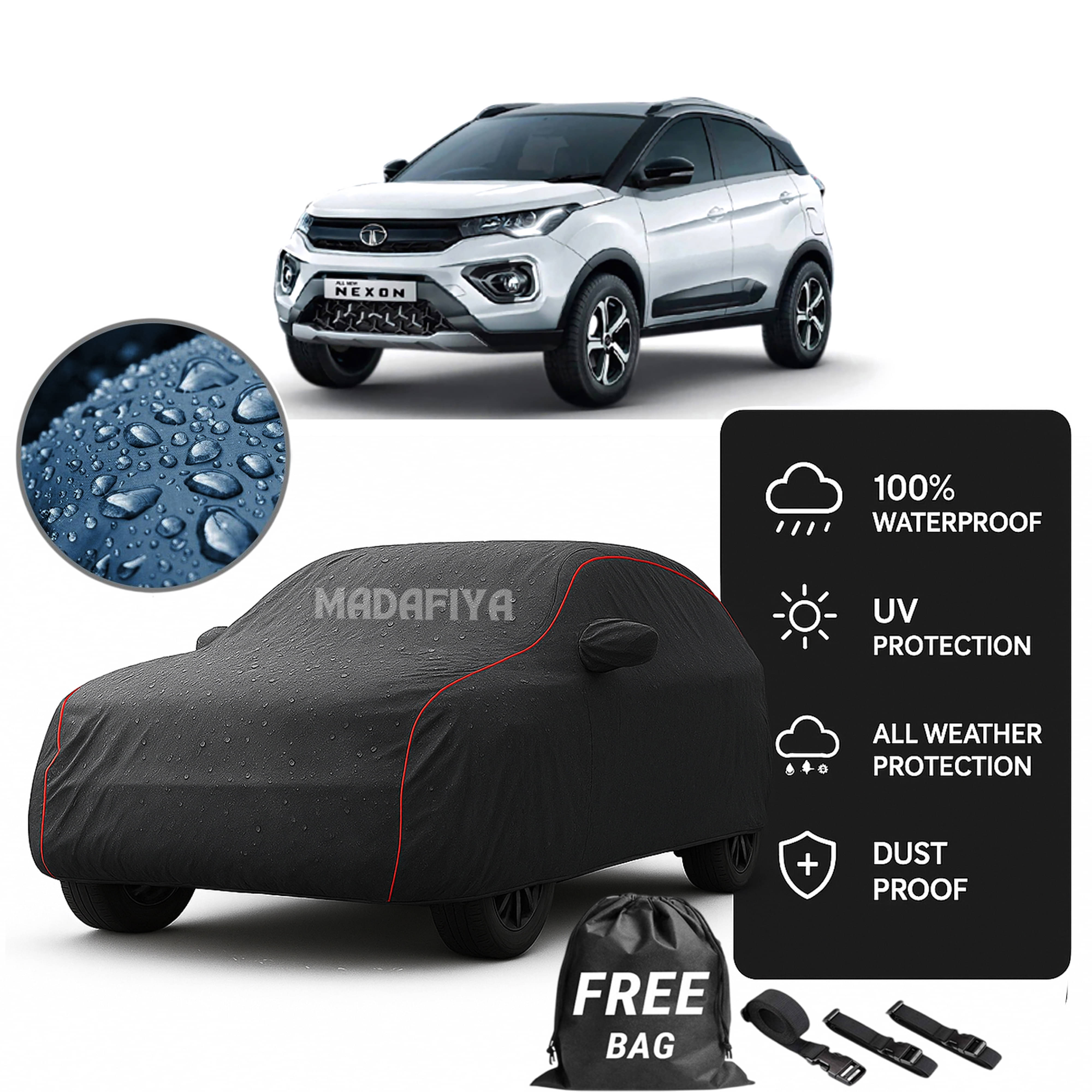     			Madafiya Car Cover Compatible With Tata Nexon Ev Waterproof & Uv-Resistant All-Season Protection (Grey, Pack of 1)