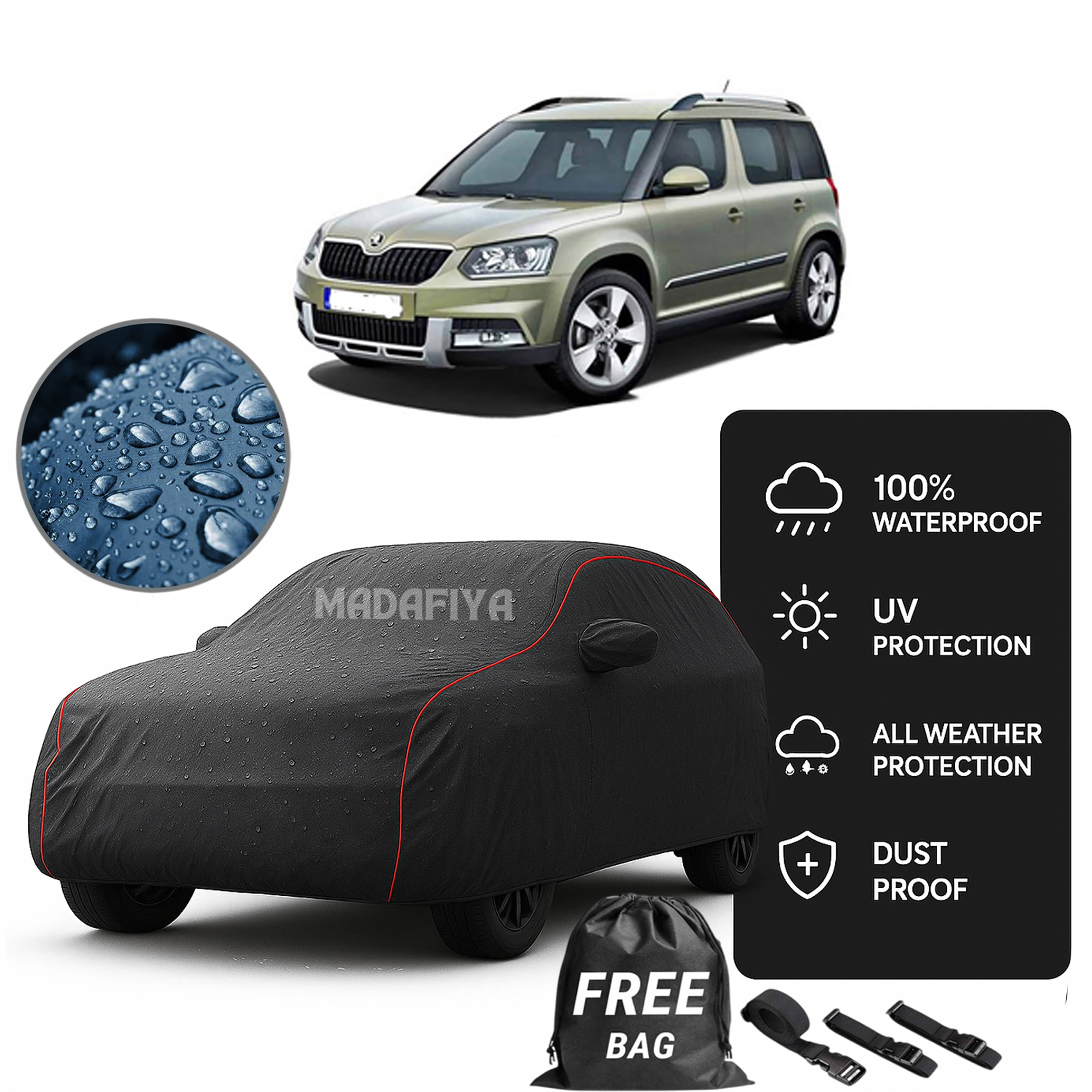     			Madafiya Car Cover Compatible With Skoda Yeti Waterproof & Uv-Resistant All-Season Protection (Grey, Pack of 1)