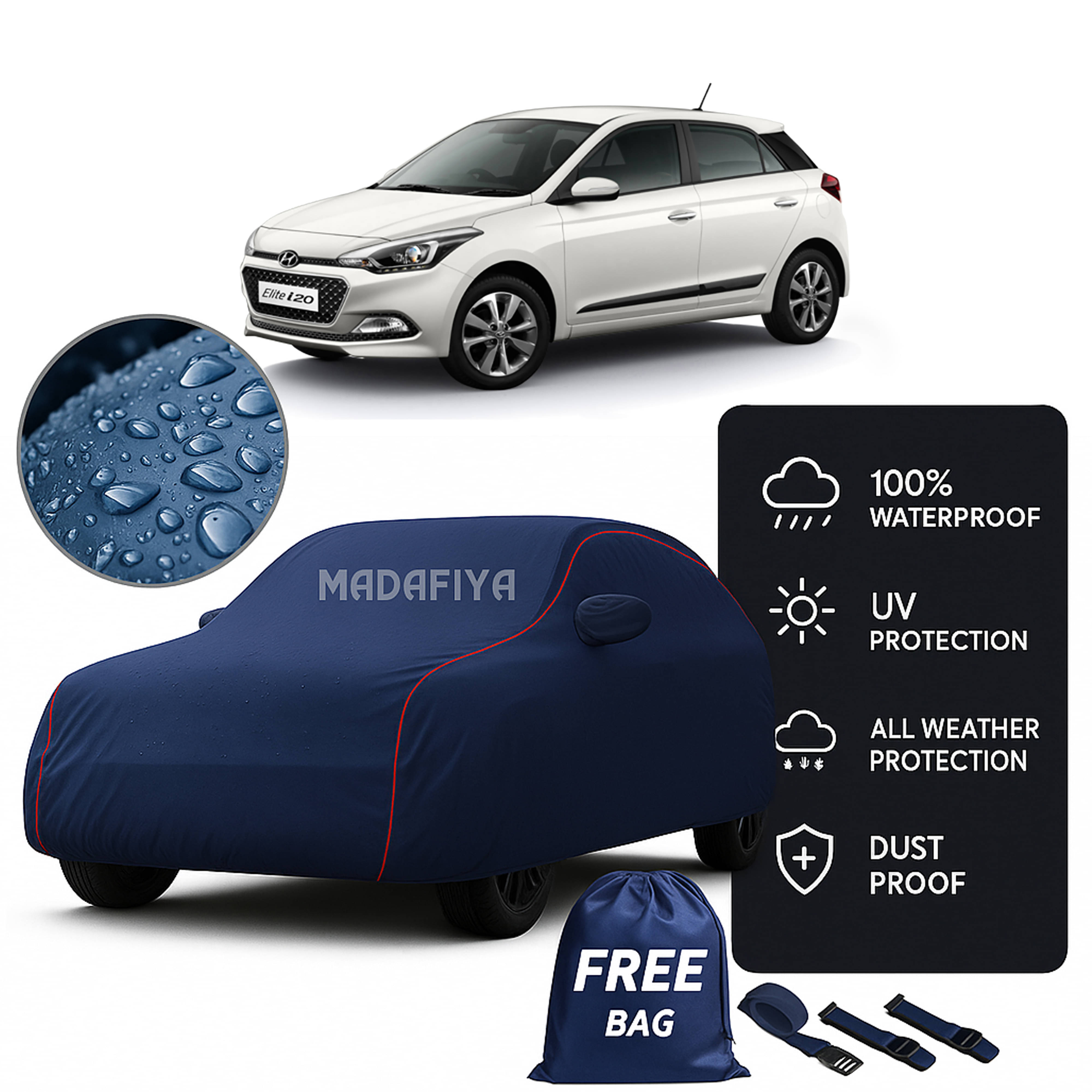     			Madafiya Car Cover Compatible With Hyundai Elite I20 Waterproof & Uv-Resistant All-Season Protection (Blue, Pack of 1)