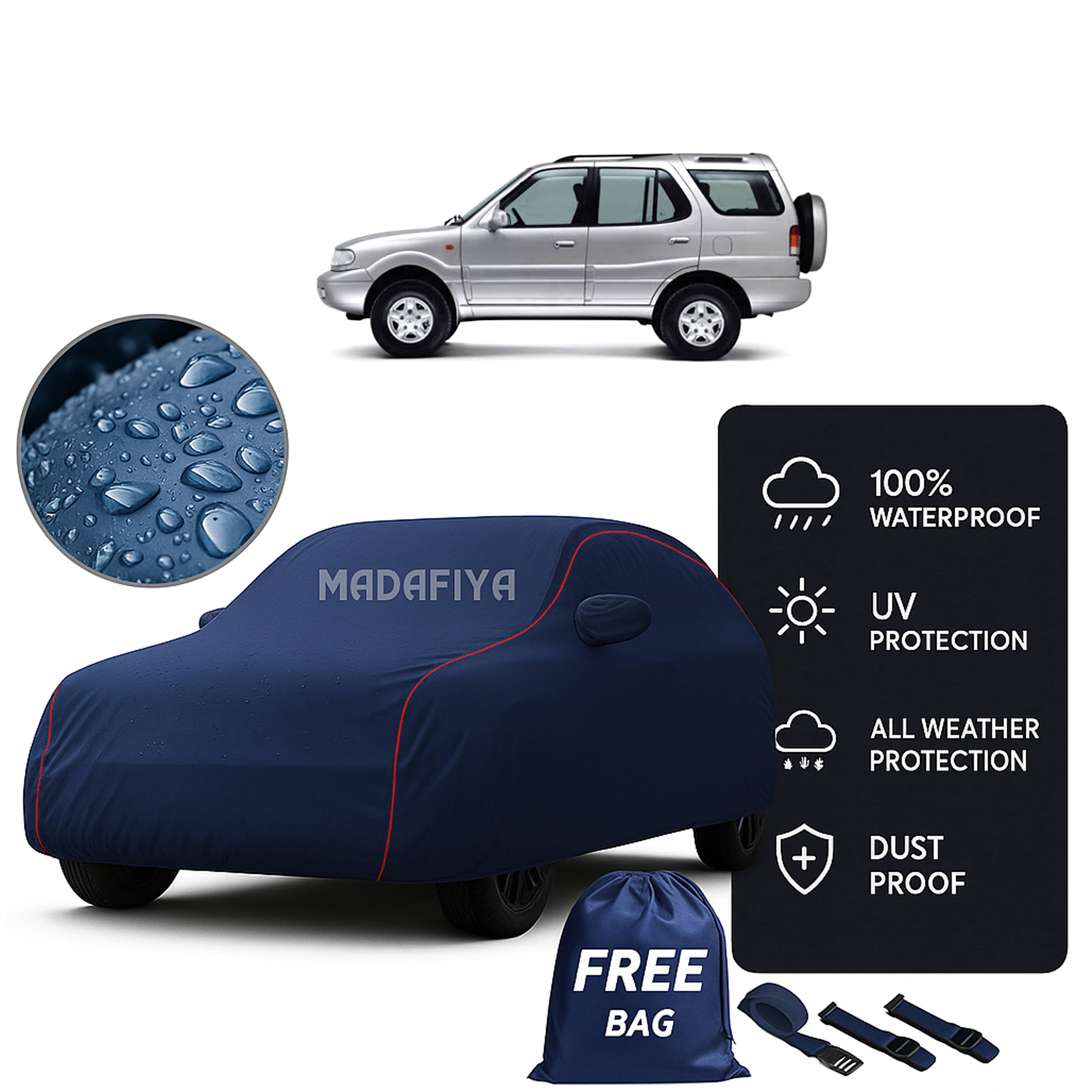     			MADAFIYA Car Body Cover for Tata All Car Models With Mirror Pocket ( Pack of 1 ) , Blue