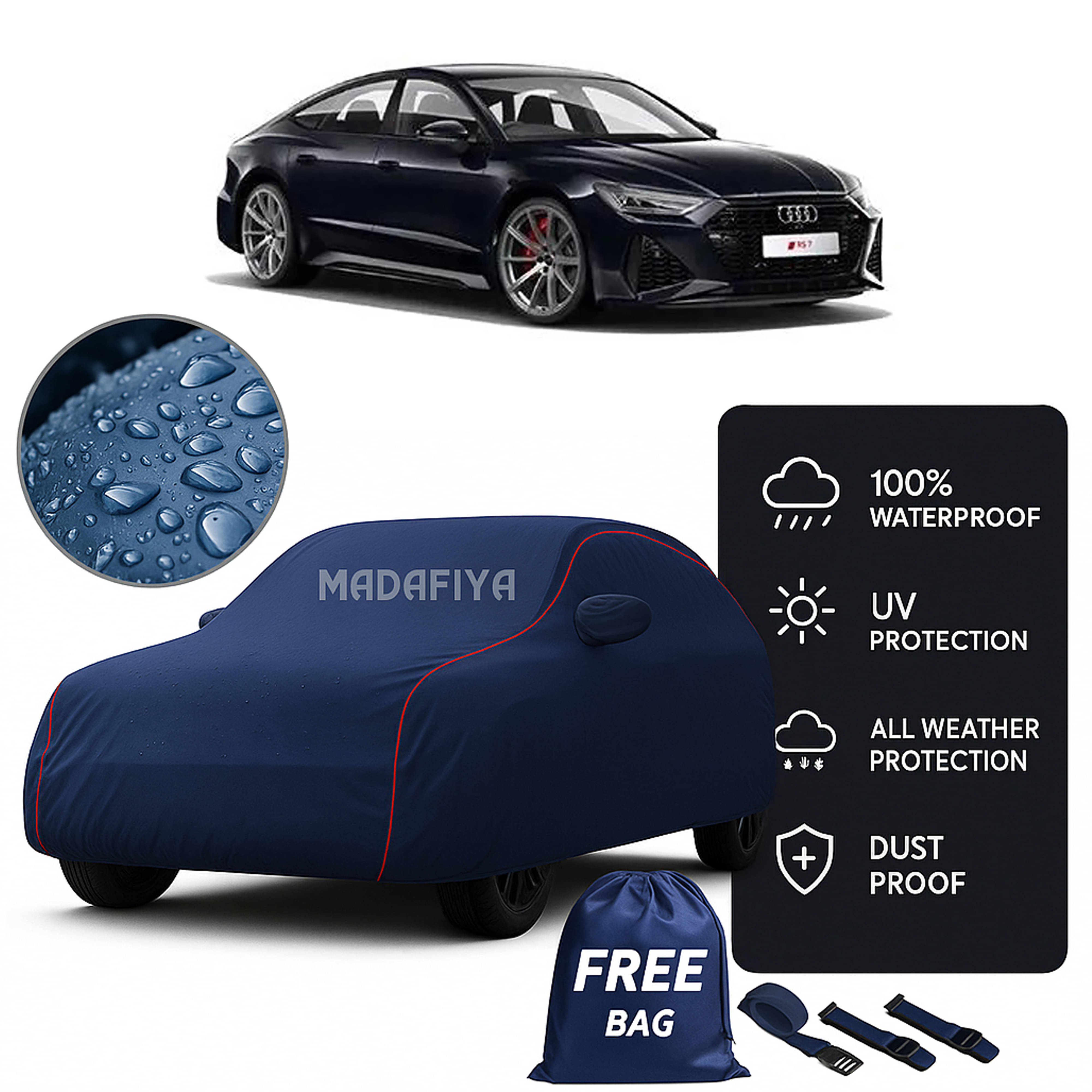     			Madafiya Car Cover Compatible With Audi-Rs7-Sportback Waterproof & Uv-Resistant All-Season Protection (Blue, Pack of 1)