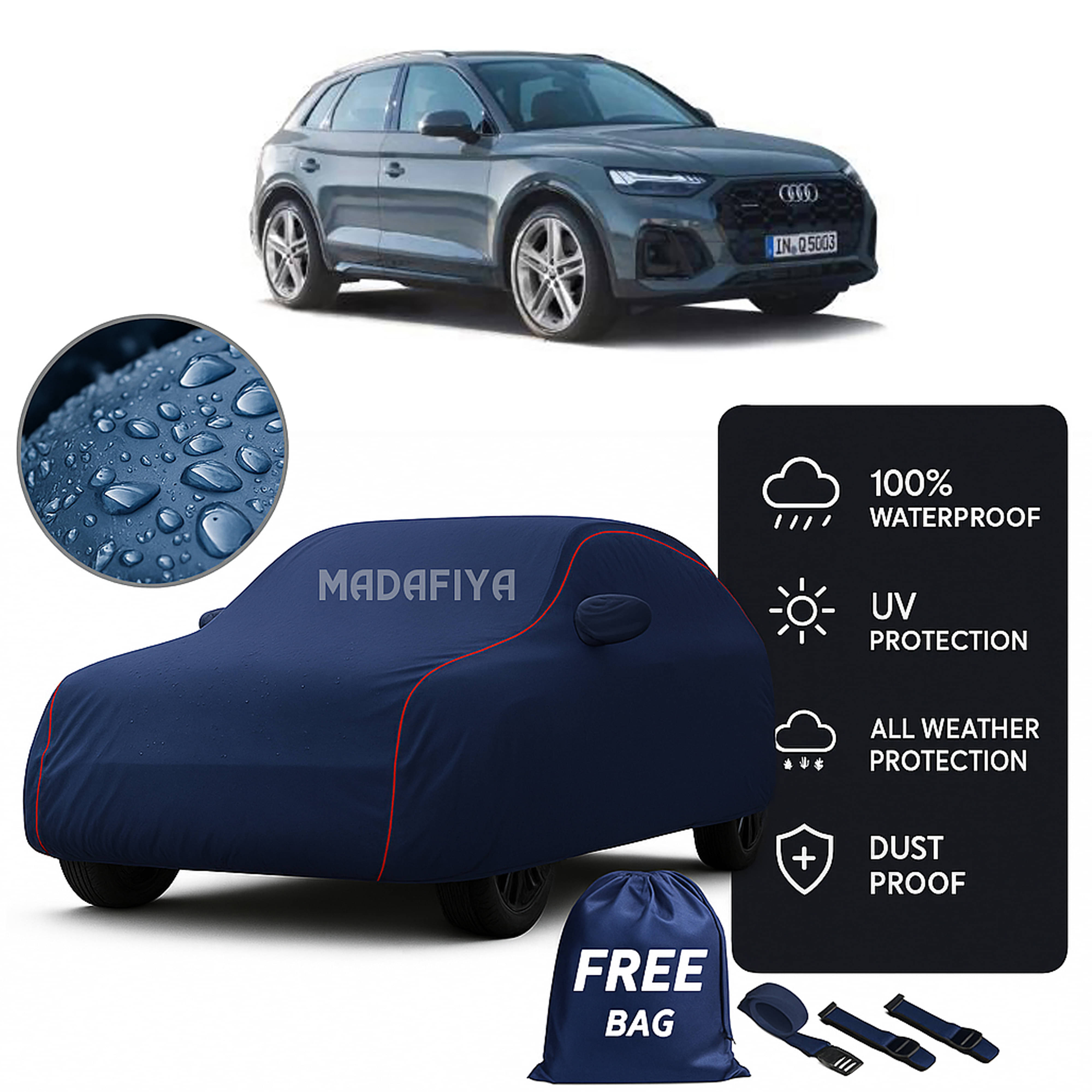     			Madafiya Car Cover Compatible With Audi-Q5 Waterproof & Uv-Resistant All-Season Protection (Blue, Pack of 1)