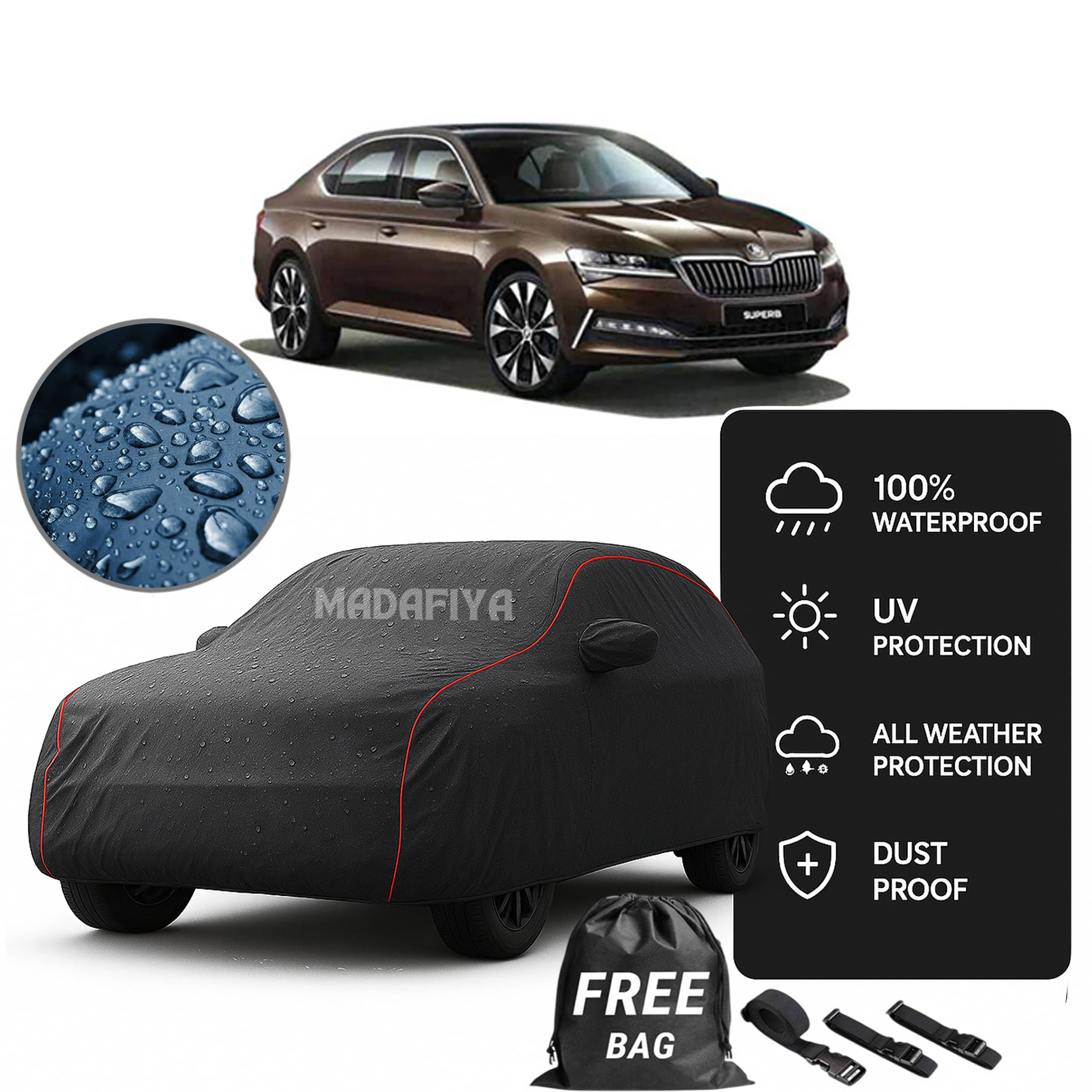     			Madafiya Car Cover Compatible With Skoda Superb Waterproof & Uv-Resistant All-Season Protection (Grey, Pack of 1)