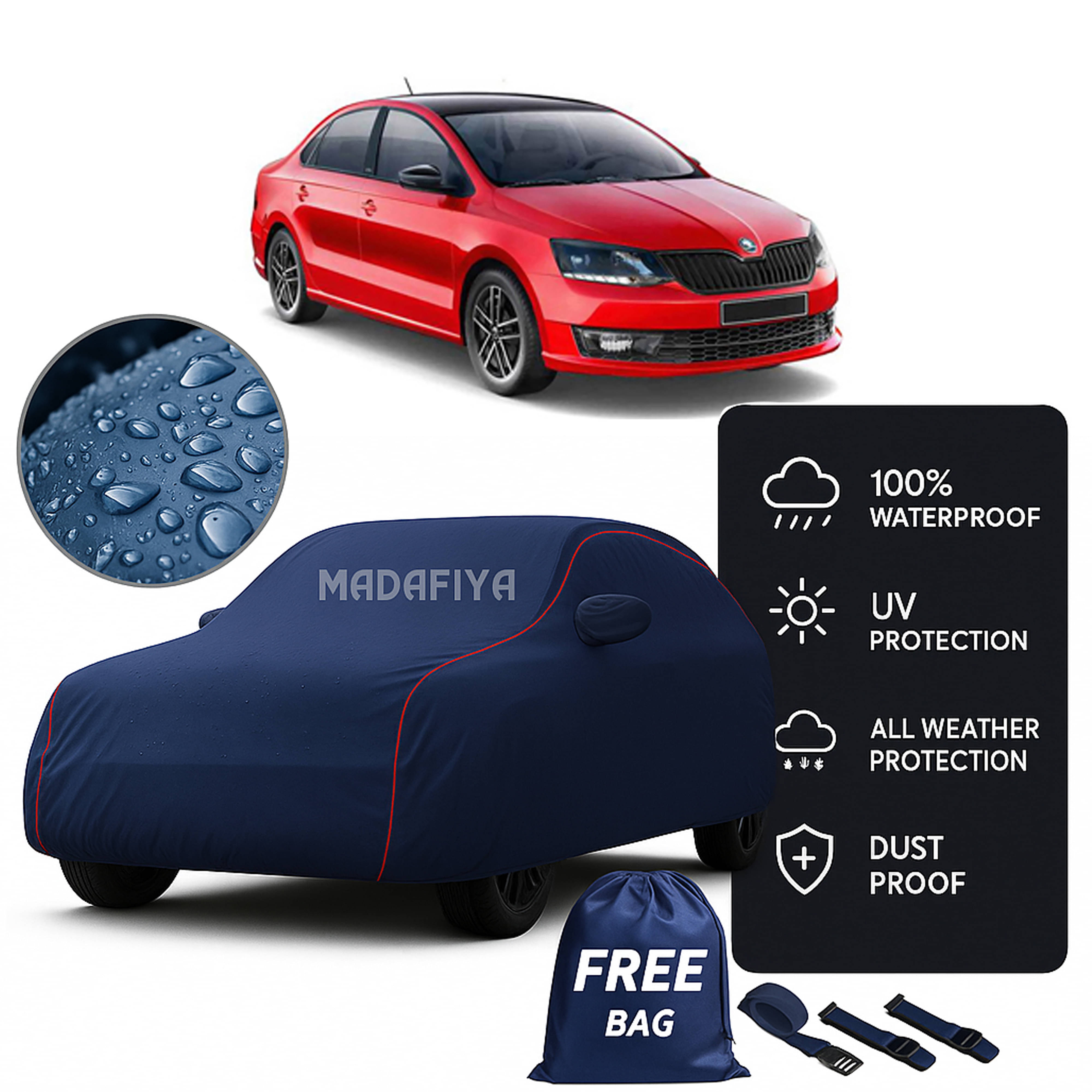     			Madafiya Car Cover Compatible With Skoda Rapid Waterproof & Uv-Resistant All-Season Protection (Blue, Pack of 1)