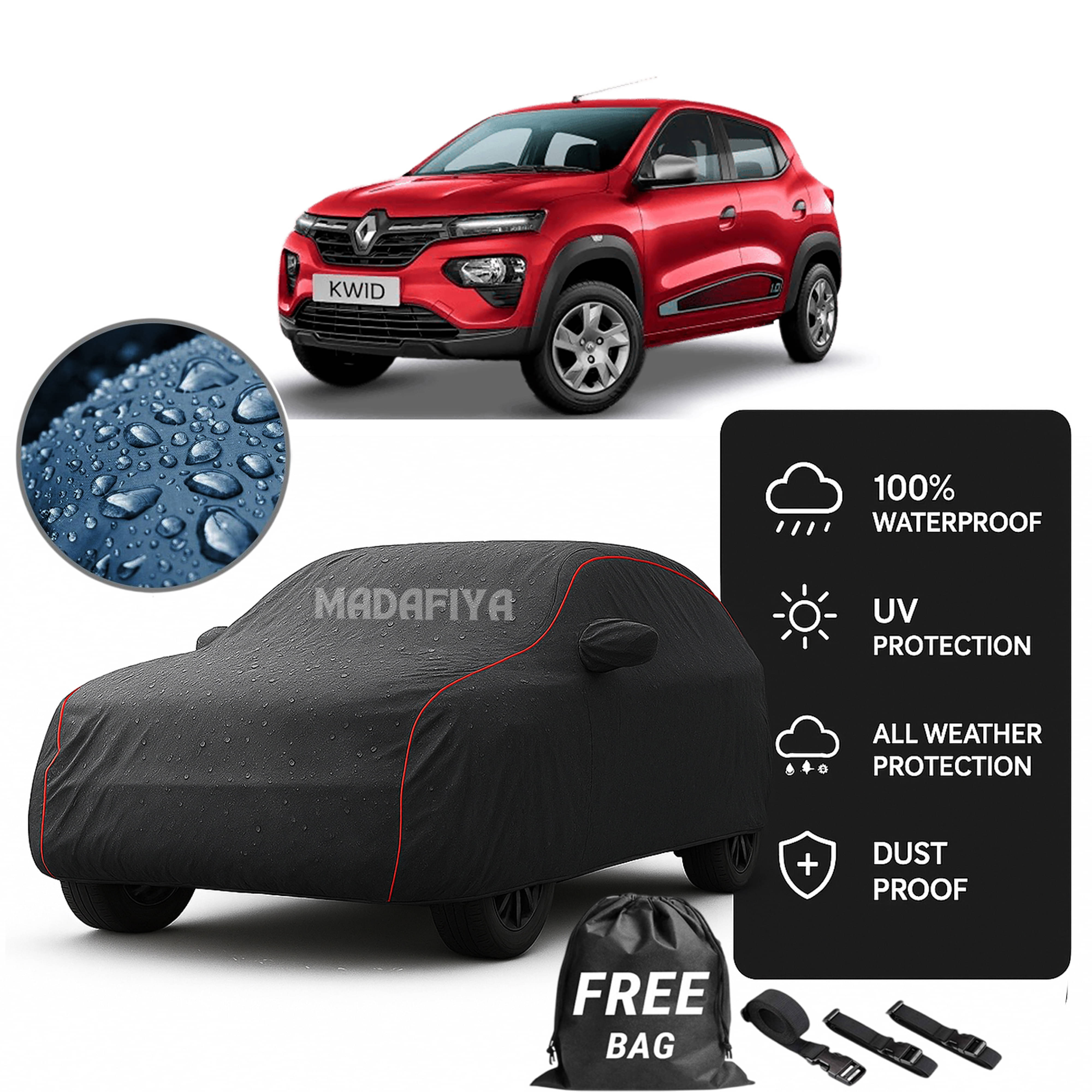     			Madafiya Car Cover Compatible With Renault Kwid Waterproof & Uv-Resistant All-Season Protection (Grey, Pack of 1)
