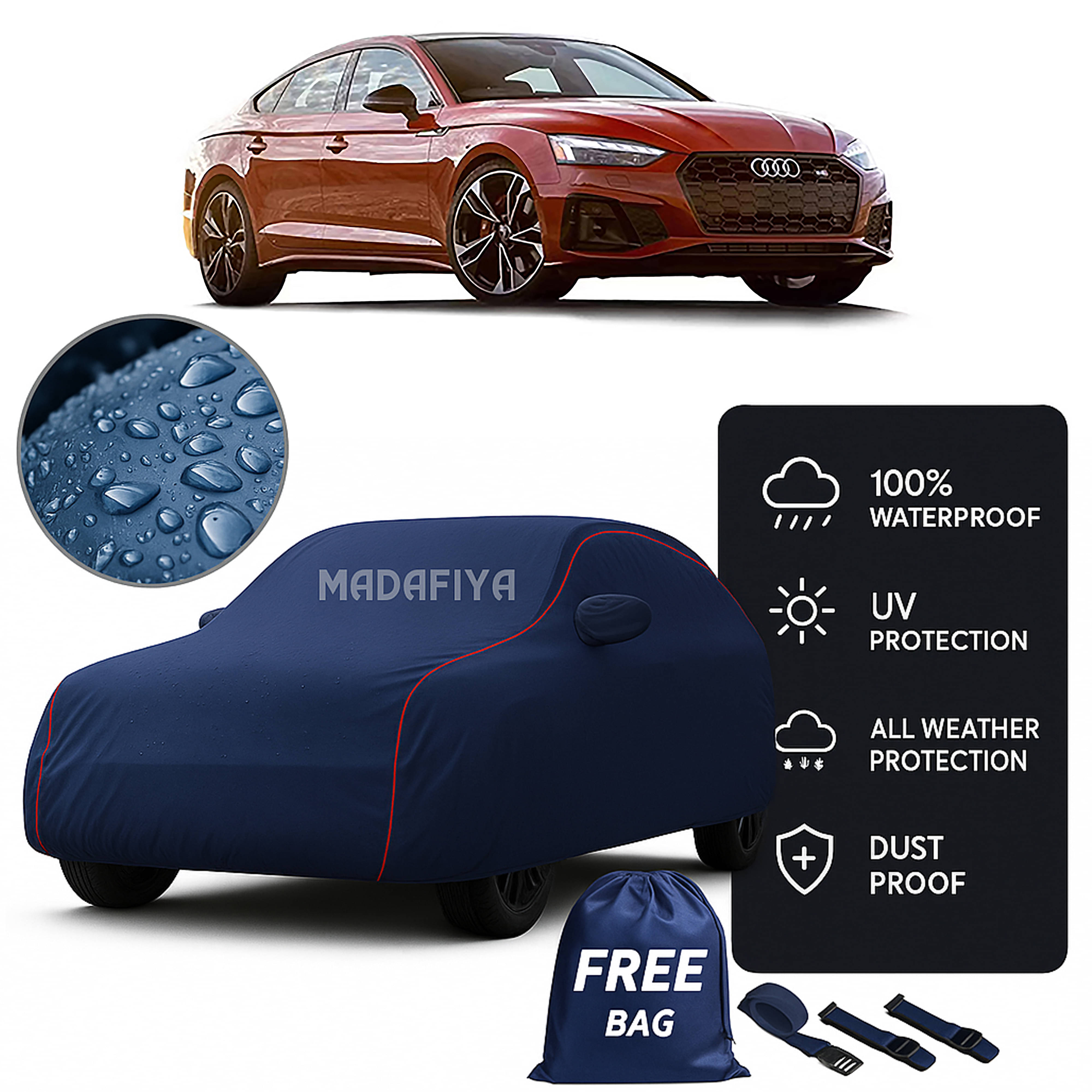     			Madafiya Car Cover Compatible With Audi S5 Sportsback Waterproof & Uv-Resistant All-Season Protection (Blue, Pack of 1)