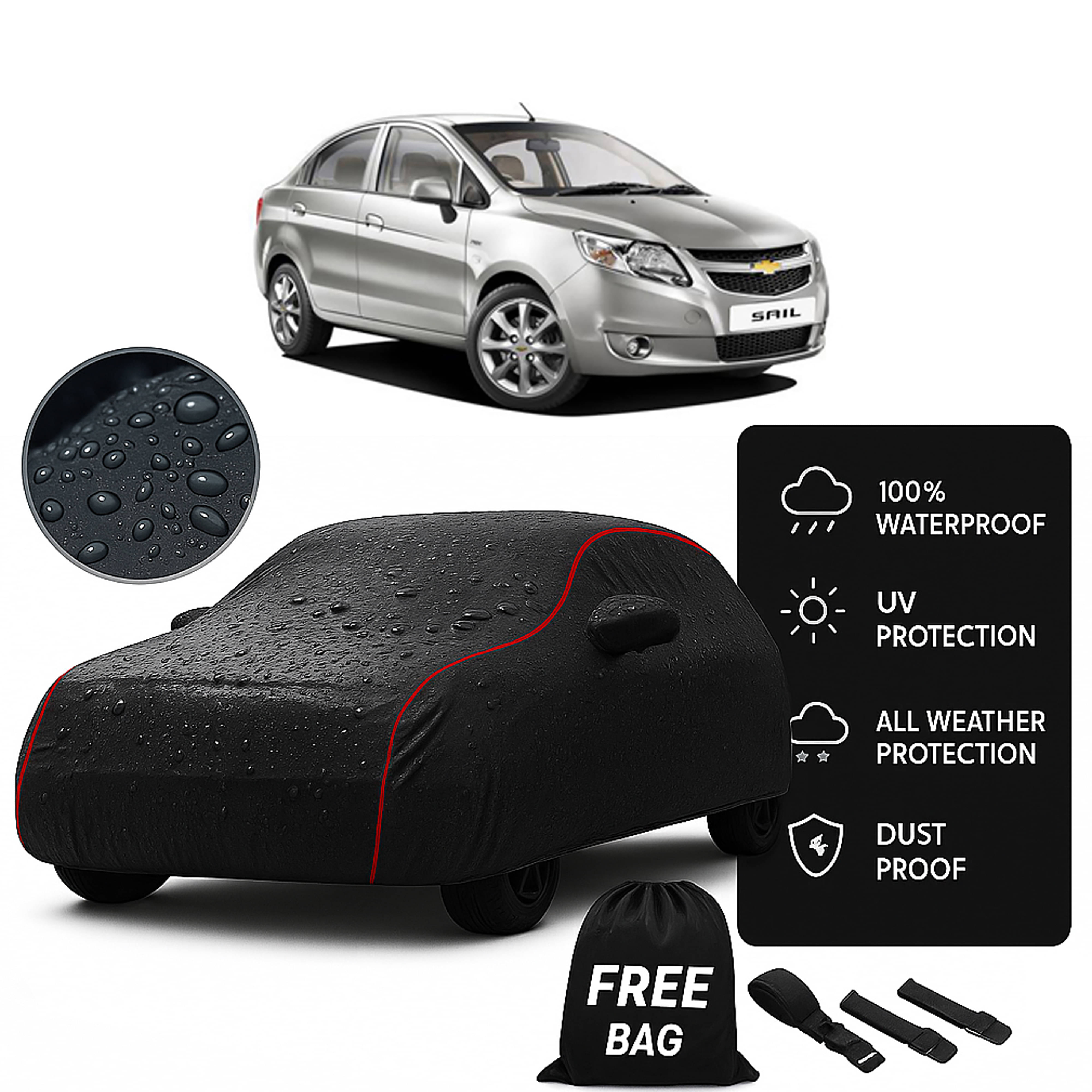     			Madafiya Car Cover Compatible With Chevrolet Sail U Va Waterproof & Uv-Resistant All-Season Protection (Black, Pack of 1)
