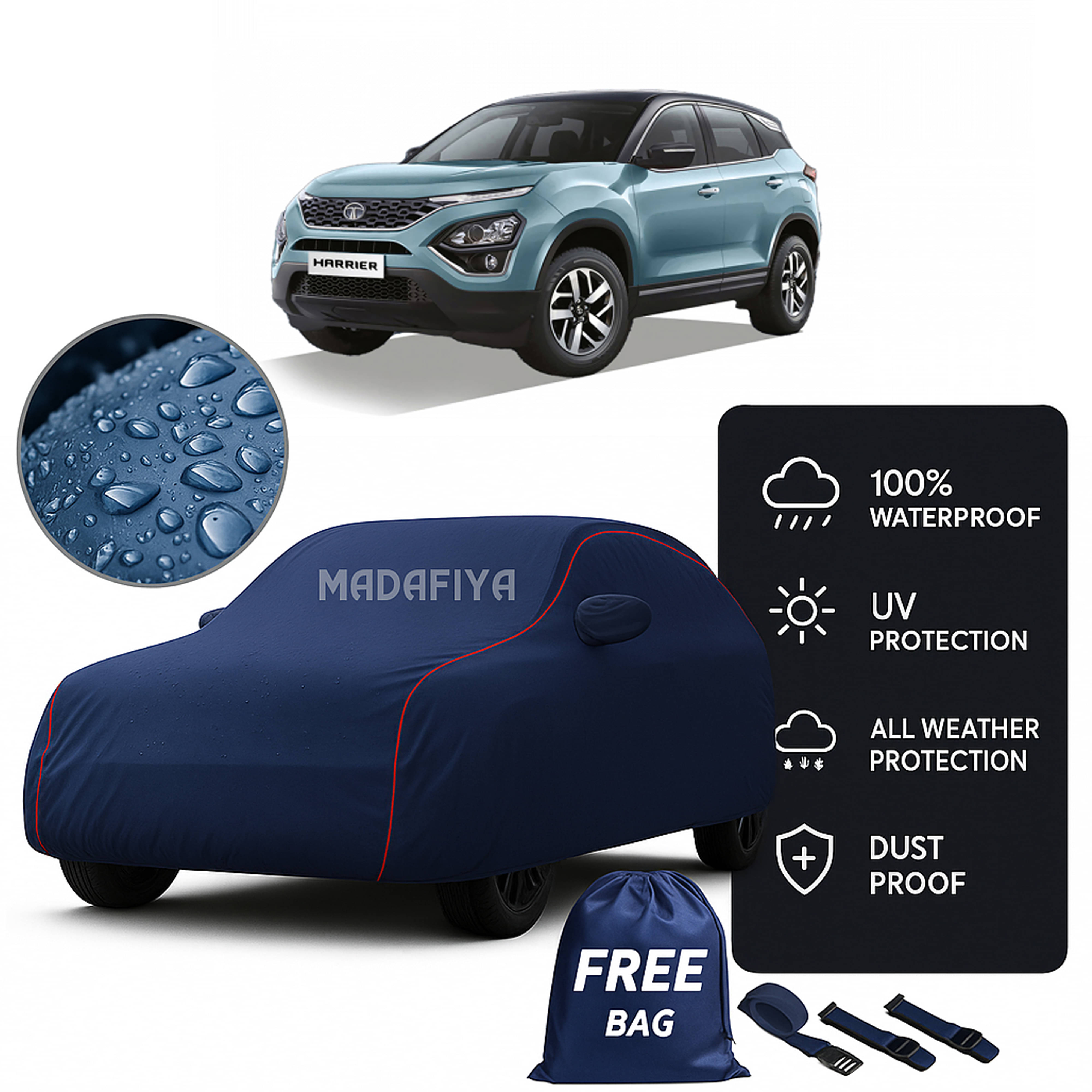     			Madafiya Car Cover Compatible With Tata Harrier Ev Waterproof & Uv-Resistant All-Season Protection (Blue, Pack of 1)