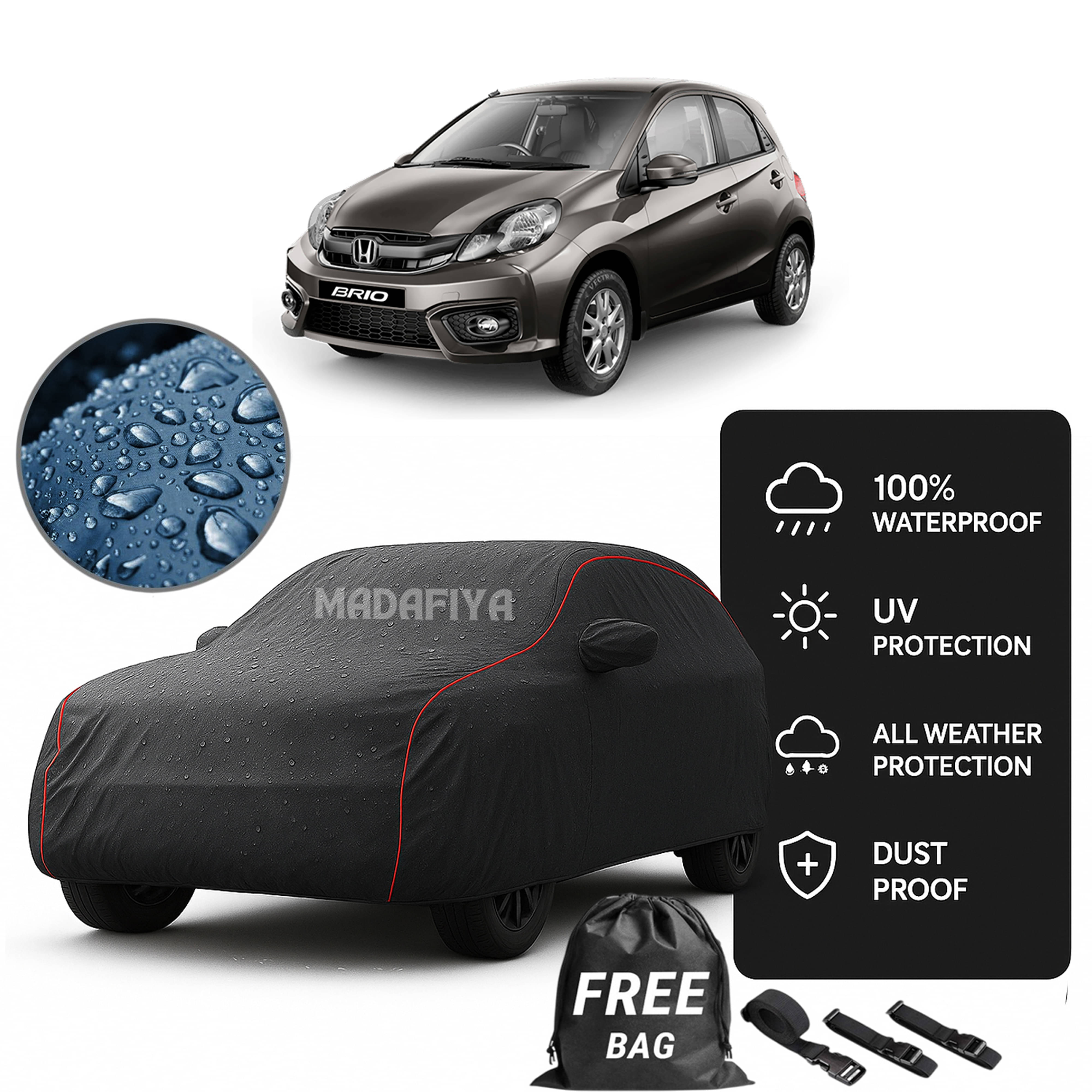     			Madafiya Car Cover Compatible With Honda Brio Waterproof & Uv-Resistant All-Season Protection (Grey, Pack of 1)