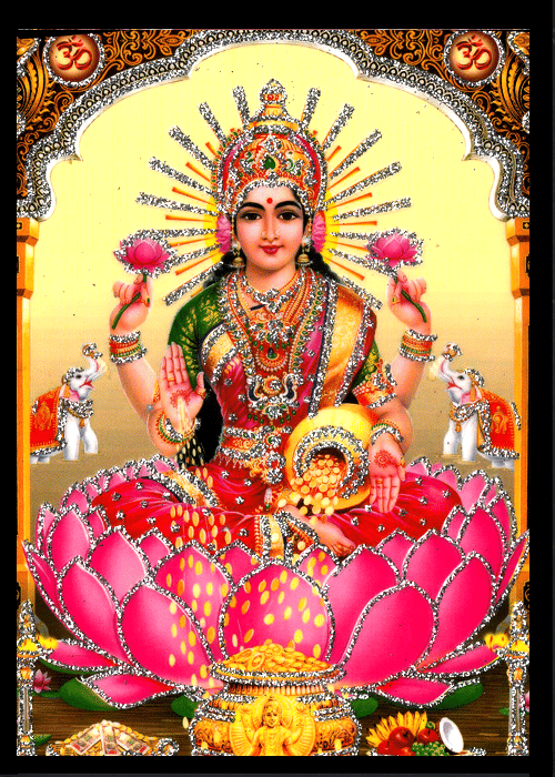     			MAHALAKSHMI MATA Sparkled Laminated Photo 5 (Width) x 7 (Length) inch on Wooden Base With Back Support Mount