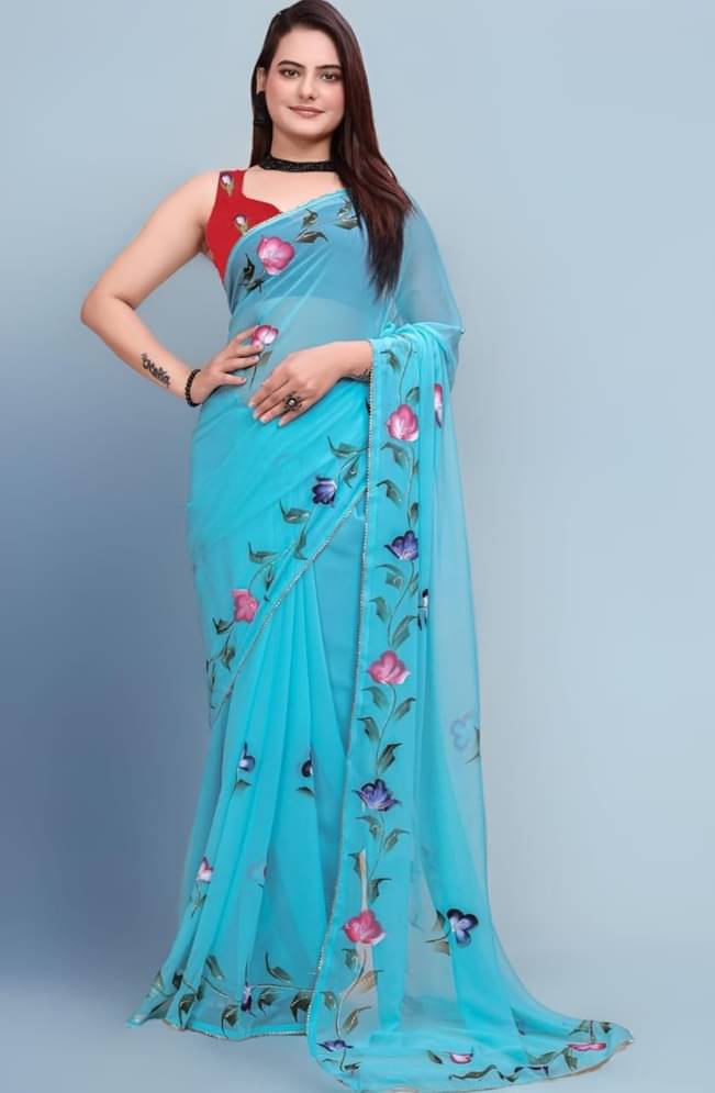 No Georgette Printed Regular Saree With Unstitched Blouse Piece ( Sky Blue )     			No Georgette Printed Regular Saree With Unstitched Blouse Piece ( Sky Blue )