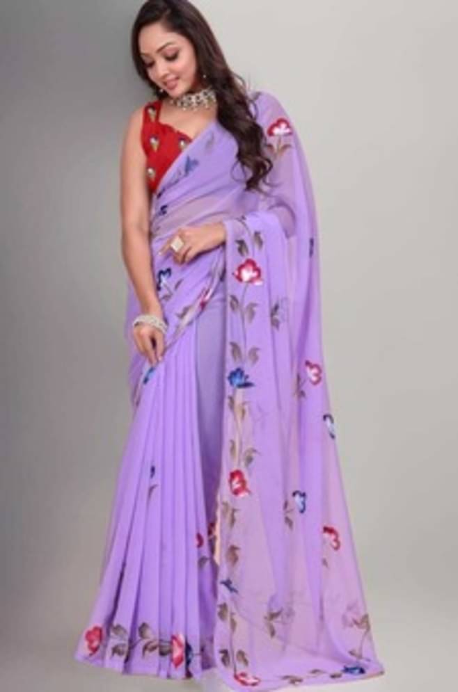     			No Georgette Printed Regular Saree With Unstitched Blouse Piece ( Purple )
