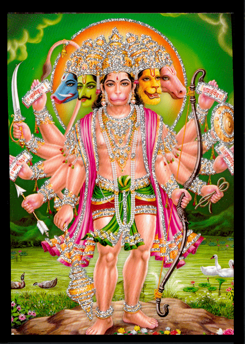 PANCHAMUKHI BAJRANGBALI HANUMAN JI Sparkled Laminated Photo 5 (Width) x 7 (Length) inch on Wooden Base With Back Support Mount PANCHAMUKHI BAJRANGBALI HANUMAN JI Sparkled Laminated Photo 5 (Width) x 7 (Length) inch on Wooden Base With Back Support Mount