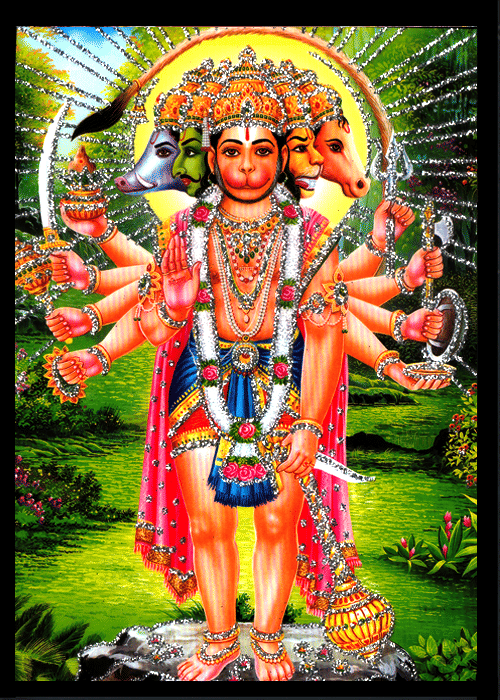     			PANCHAMUKHI BAJRANGBALI HANUMAN JI Sparkled Laminated Photo 5 (Width) x 7 (Length) inch on Wooden Base With Back Support Mount