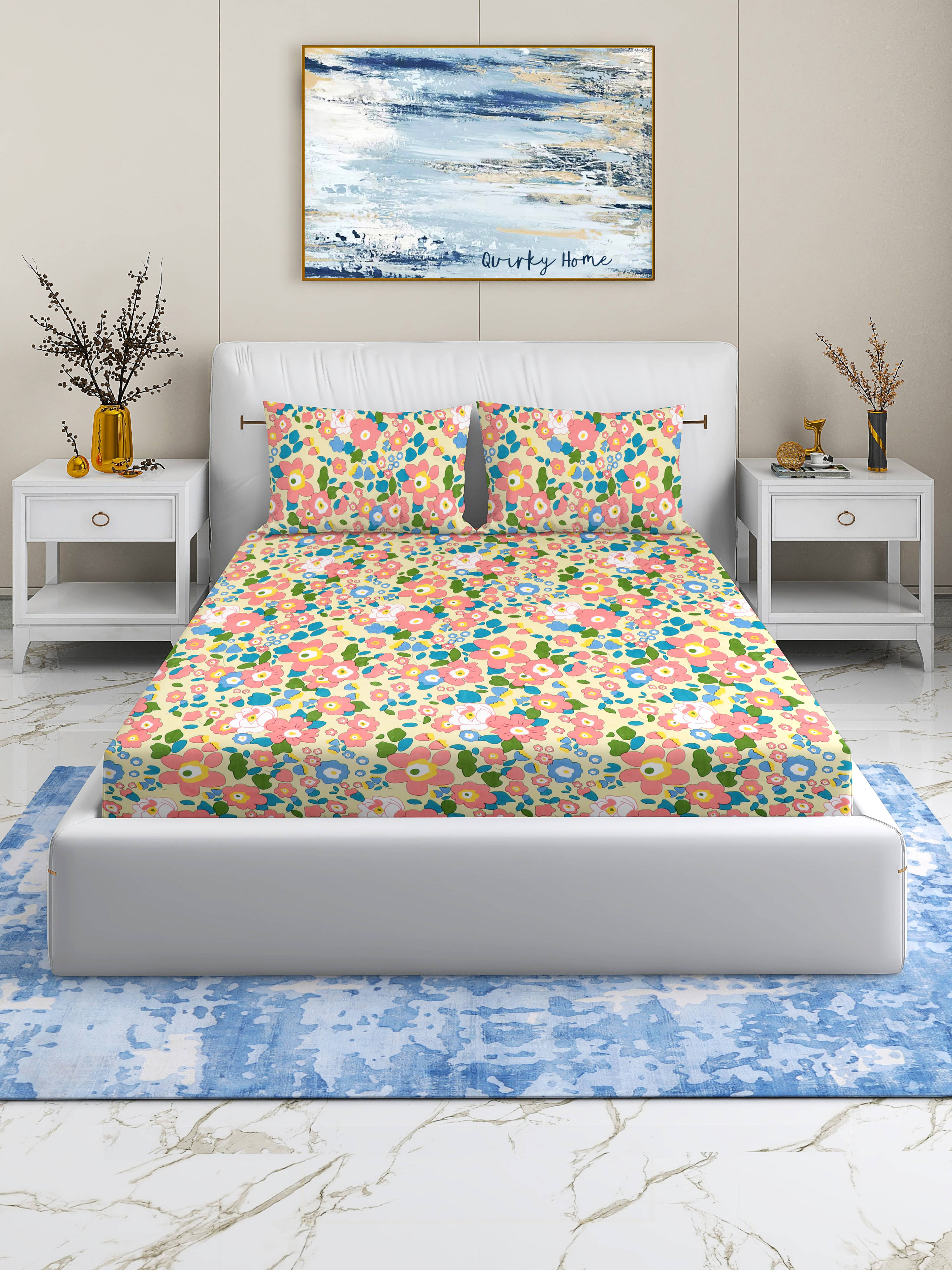 Quirky Home Microfibre Abstract Printed Fitted 1 Bedsheet with 2 Pillow Covers ( Double Bed ) - Multi     			Quirky Home Microfibre Abstract Printed Fitted 1 Bedsheet with 2 Pillow Covers ( Double Bed ) - Multi