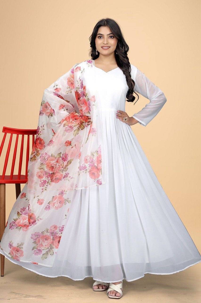     			RADHA RANI TEX Women Georgette Anarkali Stitched Ethnic Gown With Dupatta ( White )