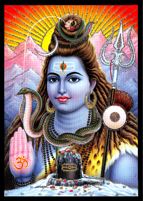     			SHIVA MAHADEV WITH SHIVA LINGAM Sparkled Laminated Photo 5 (Width) x 7 (Length) inch on Wooden Base With Back Support Mount