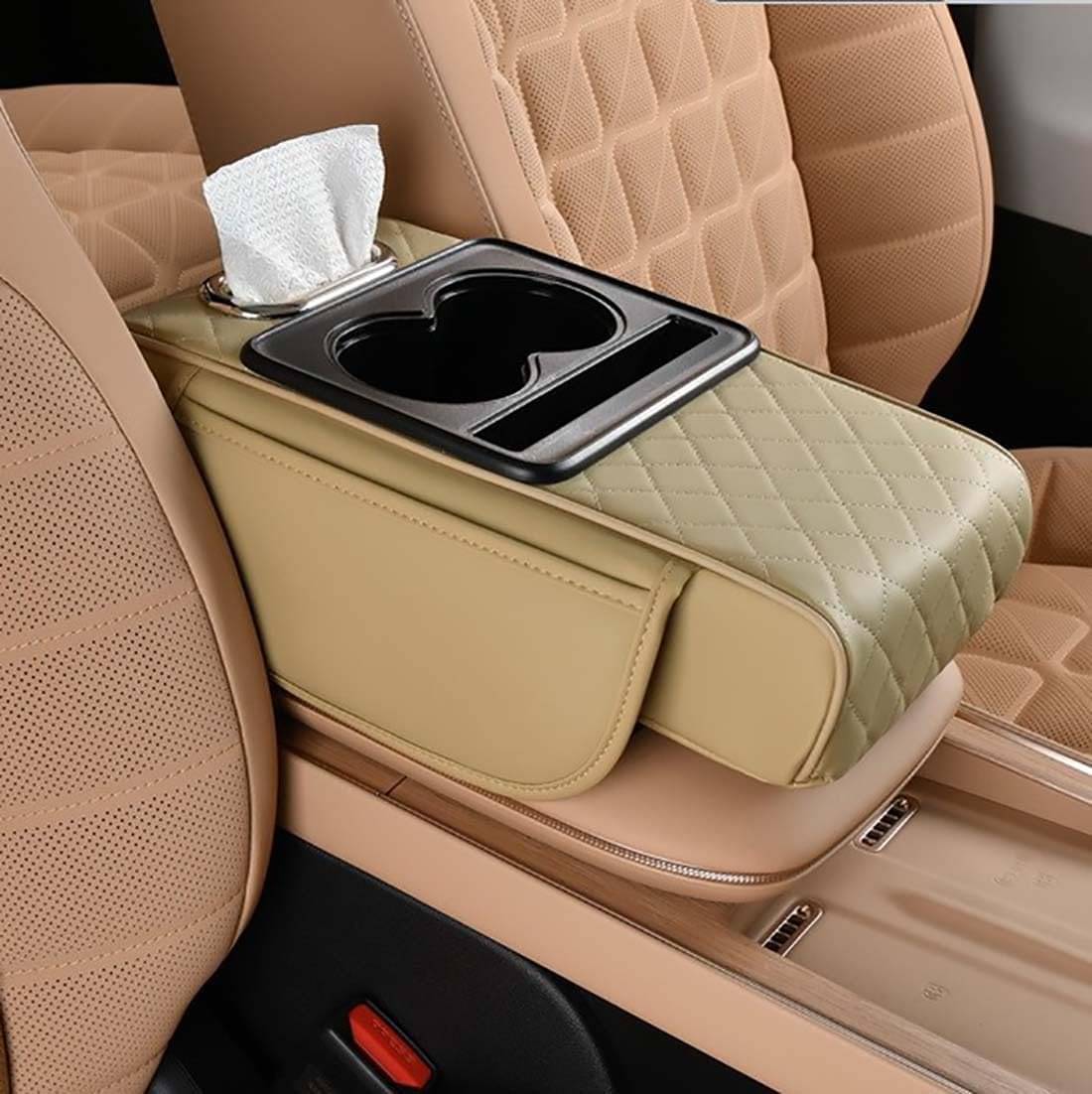     			TANTRA Premium Car Armrest Cushion Organizers, 5-in-1 Center Console Cover with 2 Storage Bags Cup Holder, Tissue Box Slot, Phone Slot for Sedans, Car Accessories Interior Organizers (Beige)
