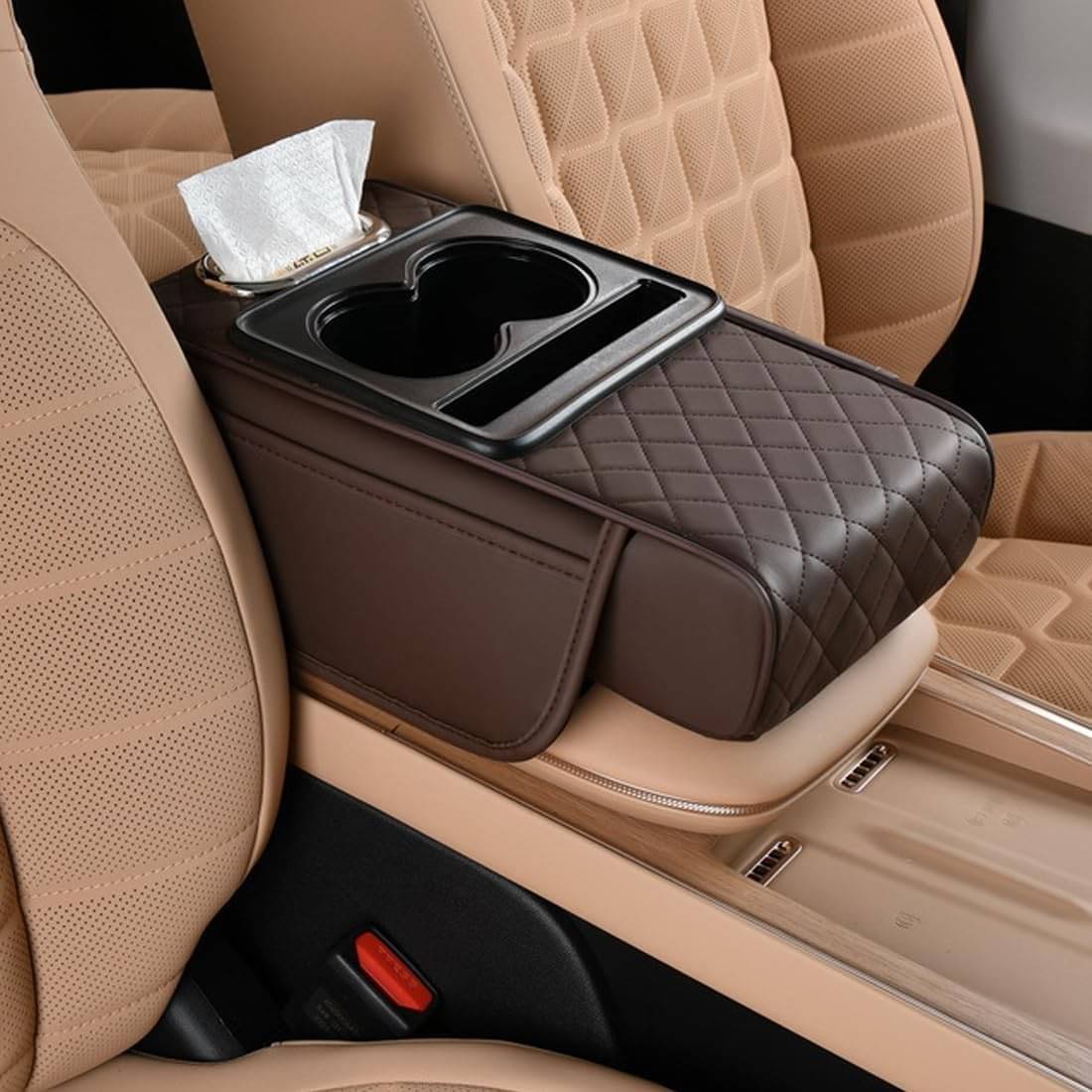     			TANTRA Premium Car Armrest Cushion Organizers, 5-in-1 Center Console Cover with 2 Storage Bags Cup Holder, Tissue Box Slot, Phone Slot for Sedans, Car Accessories Interior Organizers (Brown)