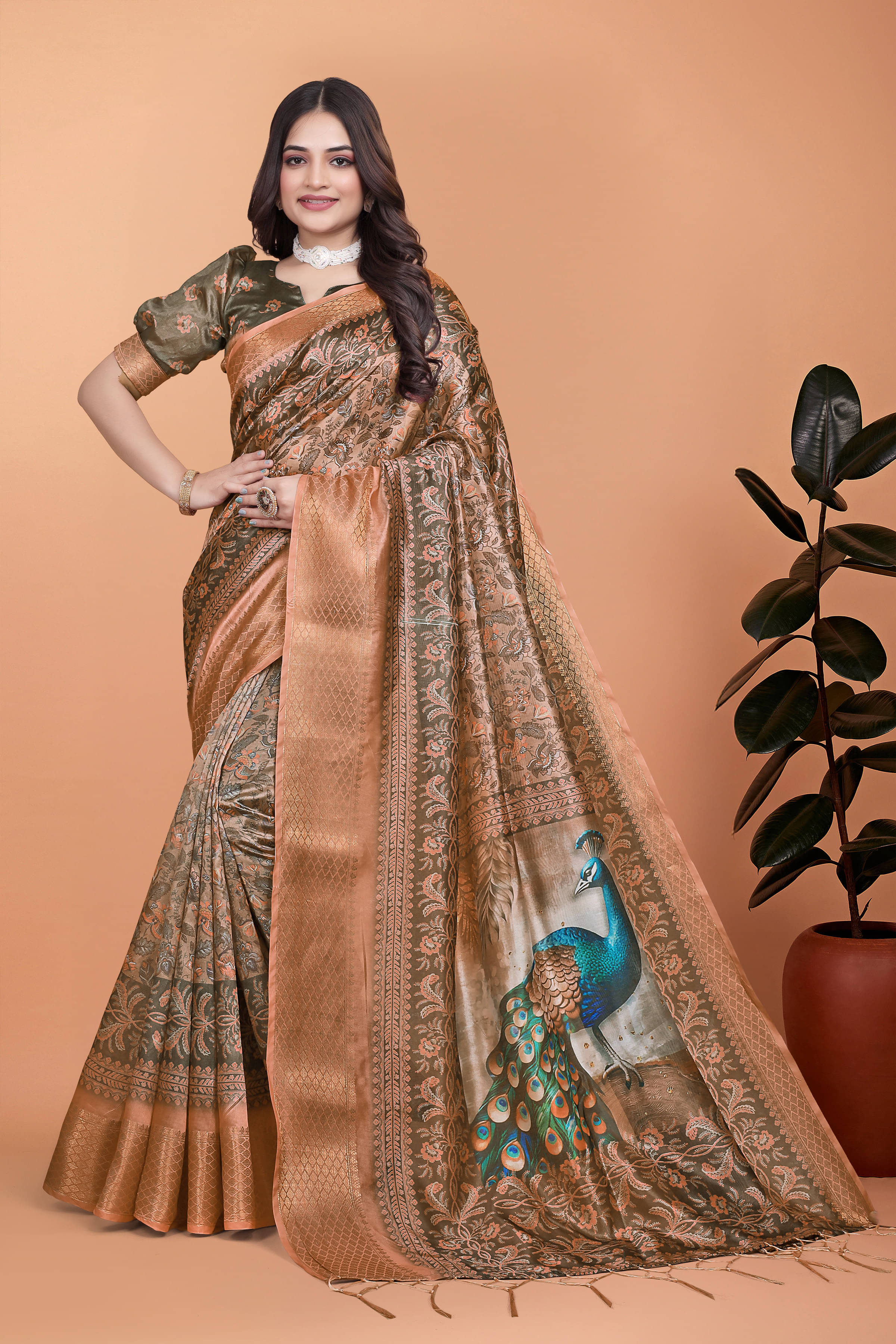THE PRIVATE LABLE Art Silk Printed Regular Saree With Unstitched Blouse Piece ( Brown ) THE PRIVATE LABLE Art Silk Printed Regular Saree With Unstitched Blouse Piece ( Brown )