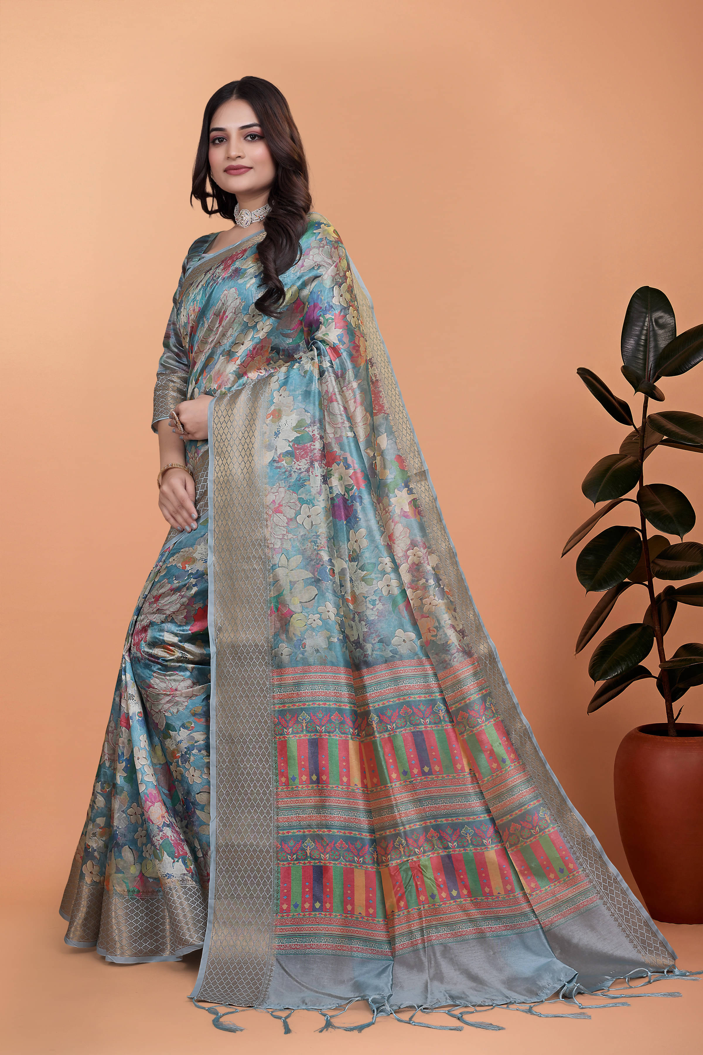     			THE PRIVATE LABLE Art Silk Printed Regular Saree With Unstitched Blouse Piece ( Teal )