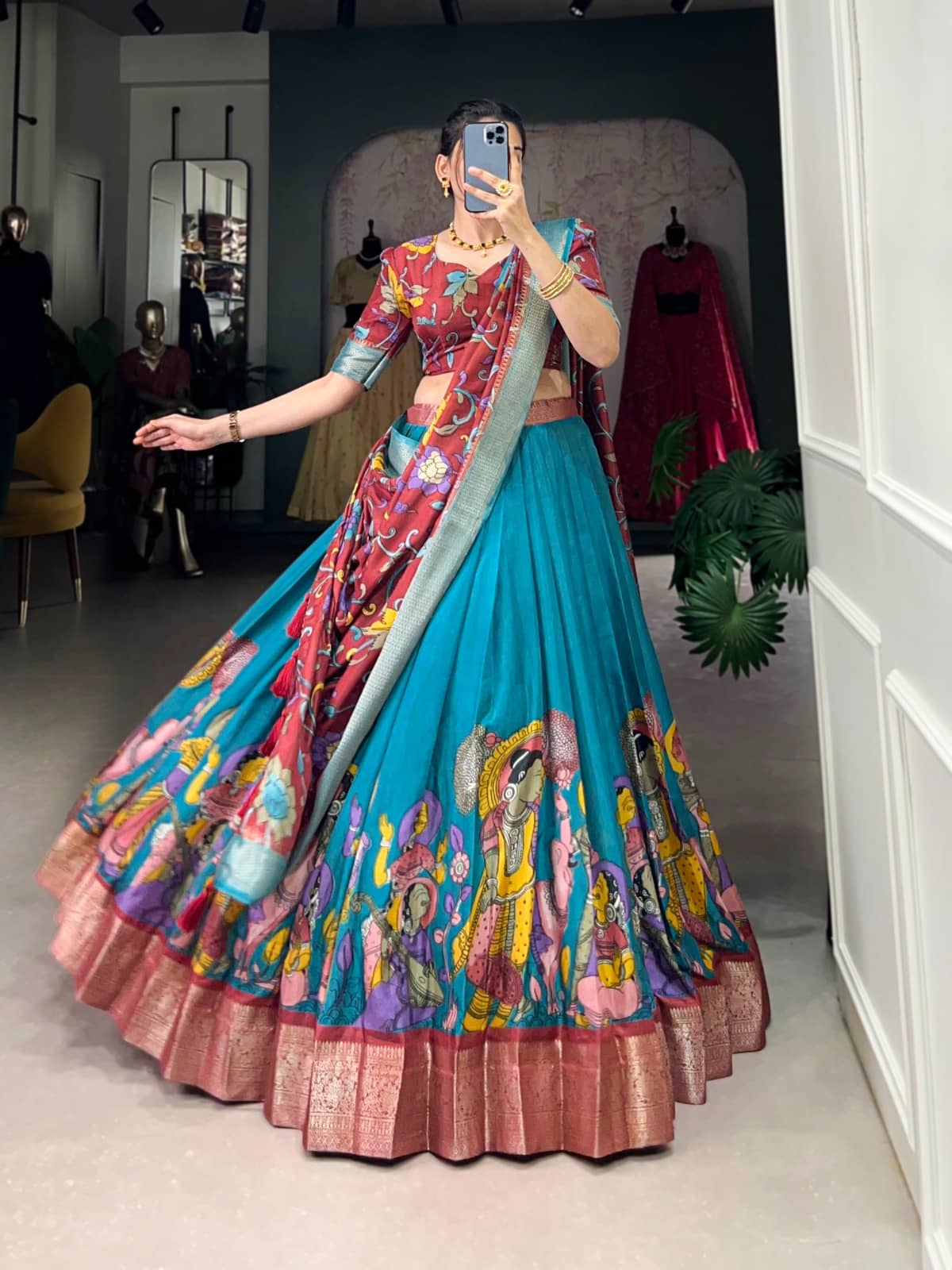 THE PRIVATE LABLE Green Tussar Silk Flared Ready To Wear Lehenga