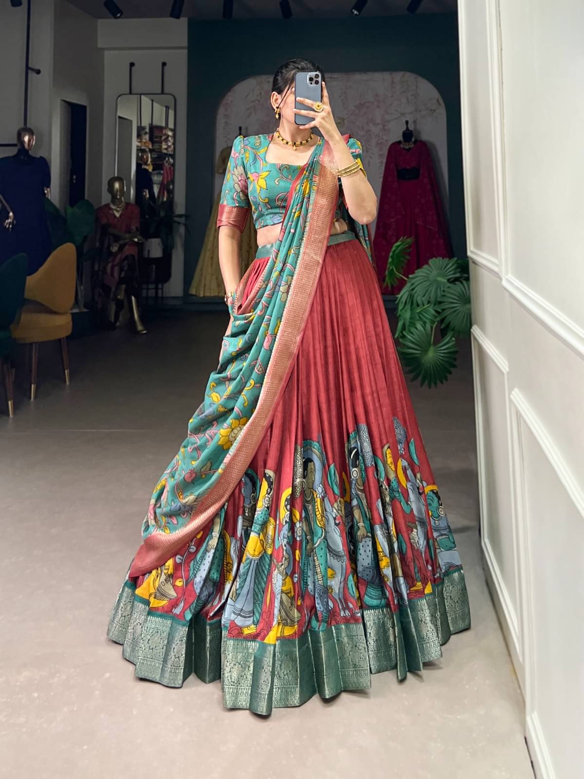 THE PRIVATE LABLE Green Tussar Silk Flared Ready To Wear Lehenga     			THE PRIVATE LABLE Green Tussar Silk Flared Ready To Wear Lehenga