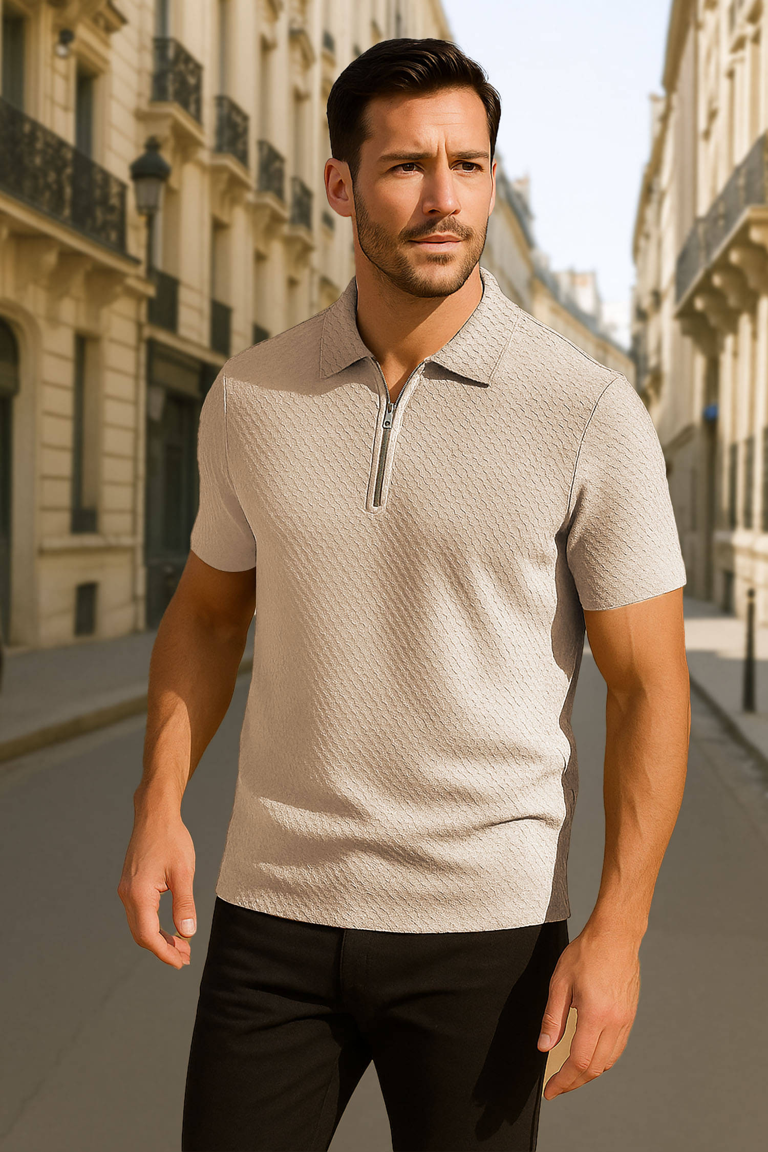     			Tenrun Men Polyester Slim Fit Self Design Polo T Shirt ( Beige )