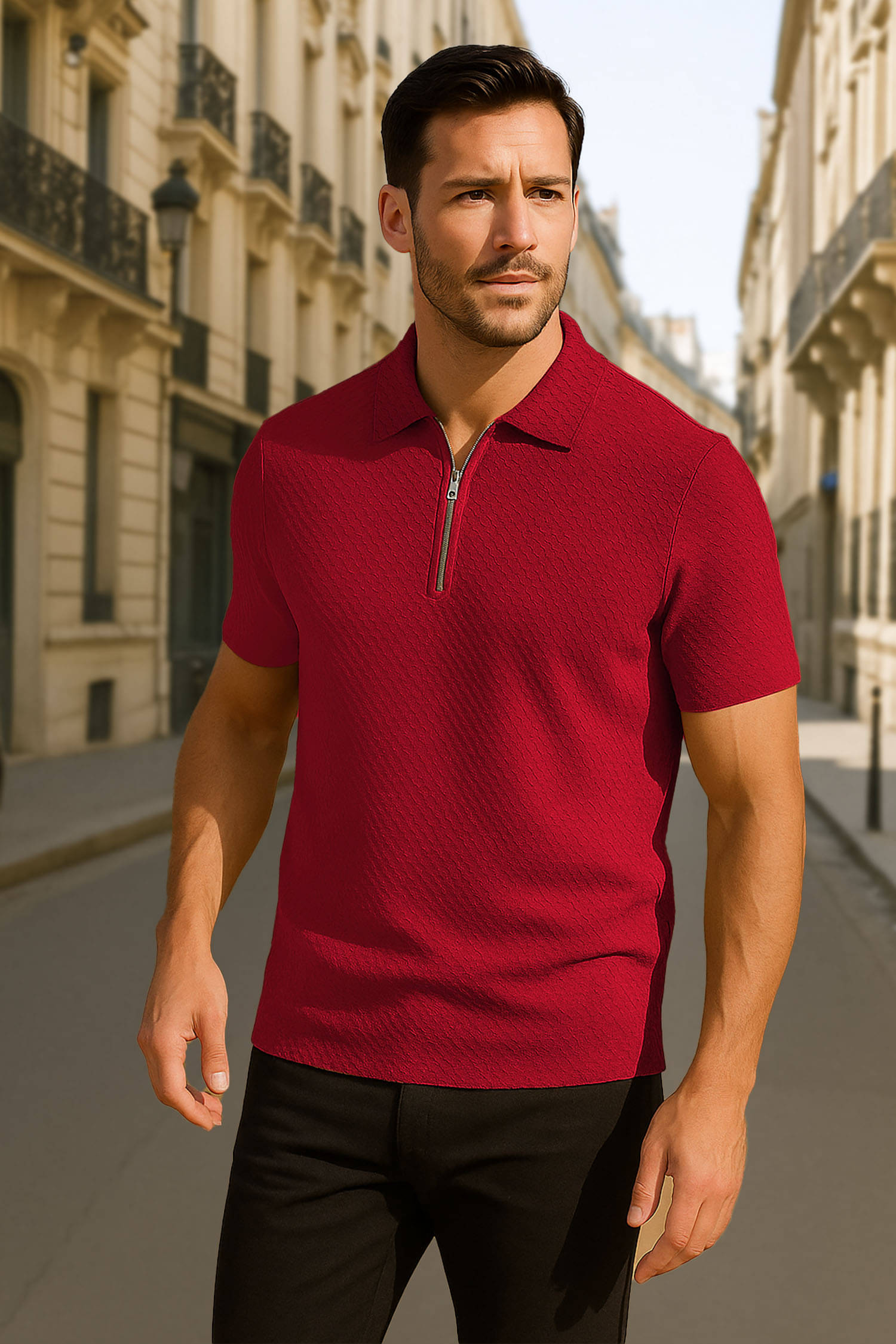     			Tenrun Men Polyester Slim Fit Self Design Polo T Shirt ( Maroon )