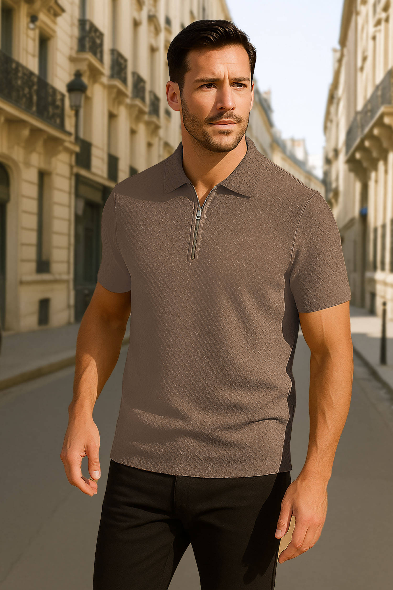     			Tenrun Men Polyester Slim Fit Self Design Polo T Shirt ( Brown )