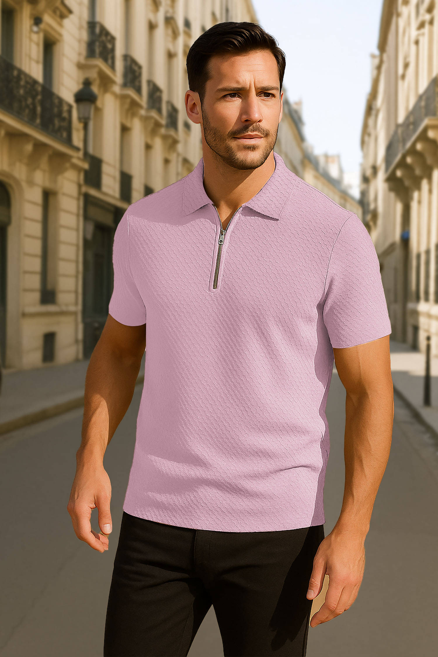 Tenrun Men Polyester Slim Fit Self Design Polo T Shirt ( Light Pink ) Tenrun Men Polyester Slim Fit Self Design Polo T Shirt ( Light Pink )