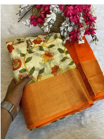 VAANISRI Cotton Silk Printed Regular Saree With Unstitched Blouse Piece ( Orange ) VAANISRI Cotton Silk Printed Regular Saree With Unstitched Blouse Piece ( Orange )