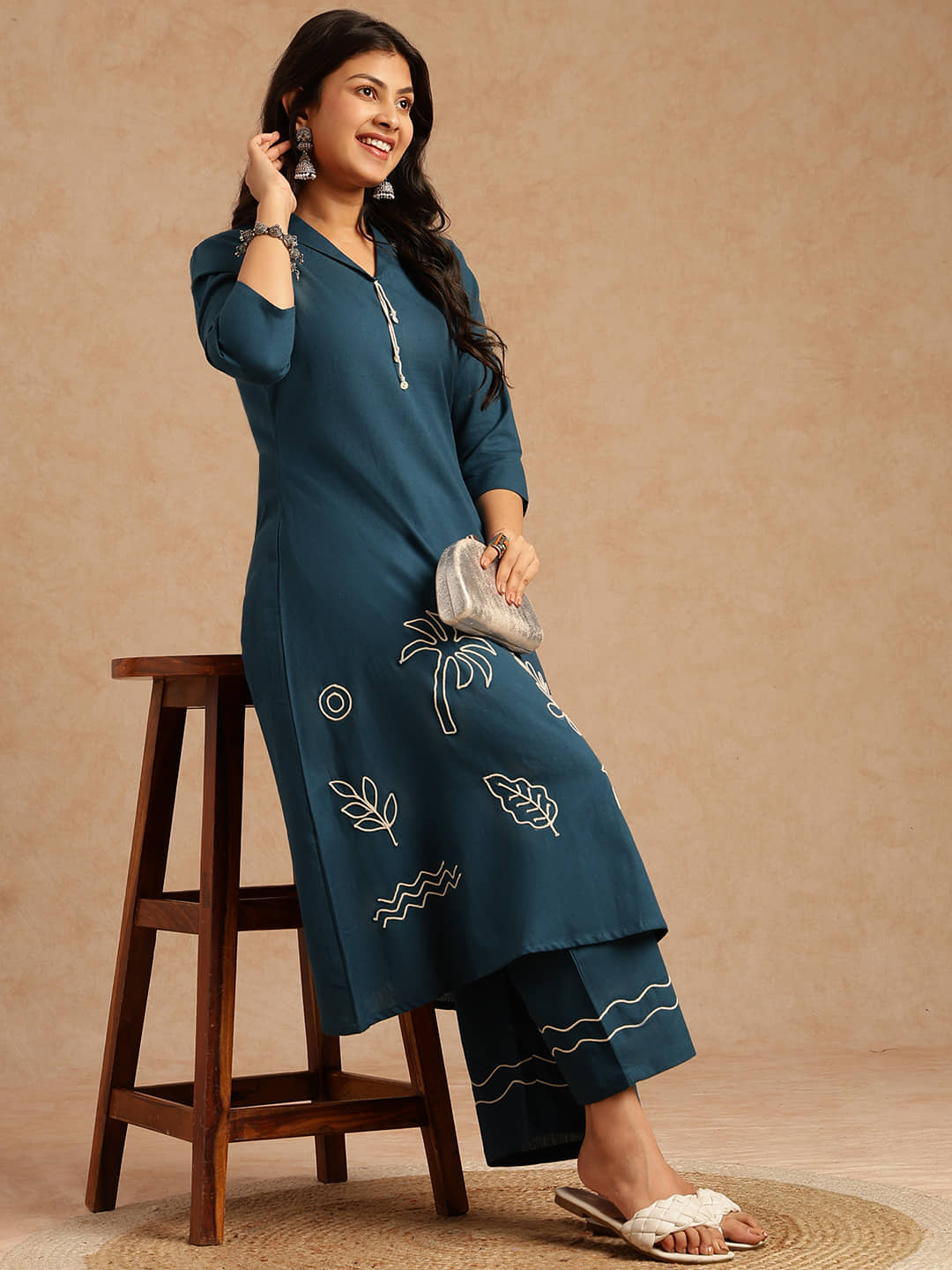 Vbuyz Women Cotton Embroidered A-line Kurti With Palazzo ( Teal )