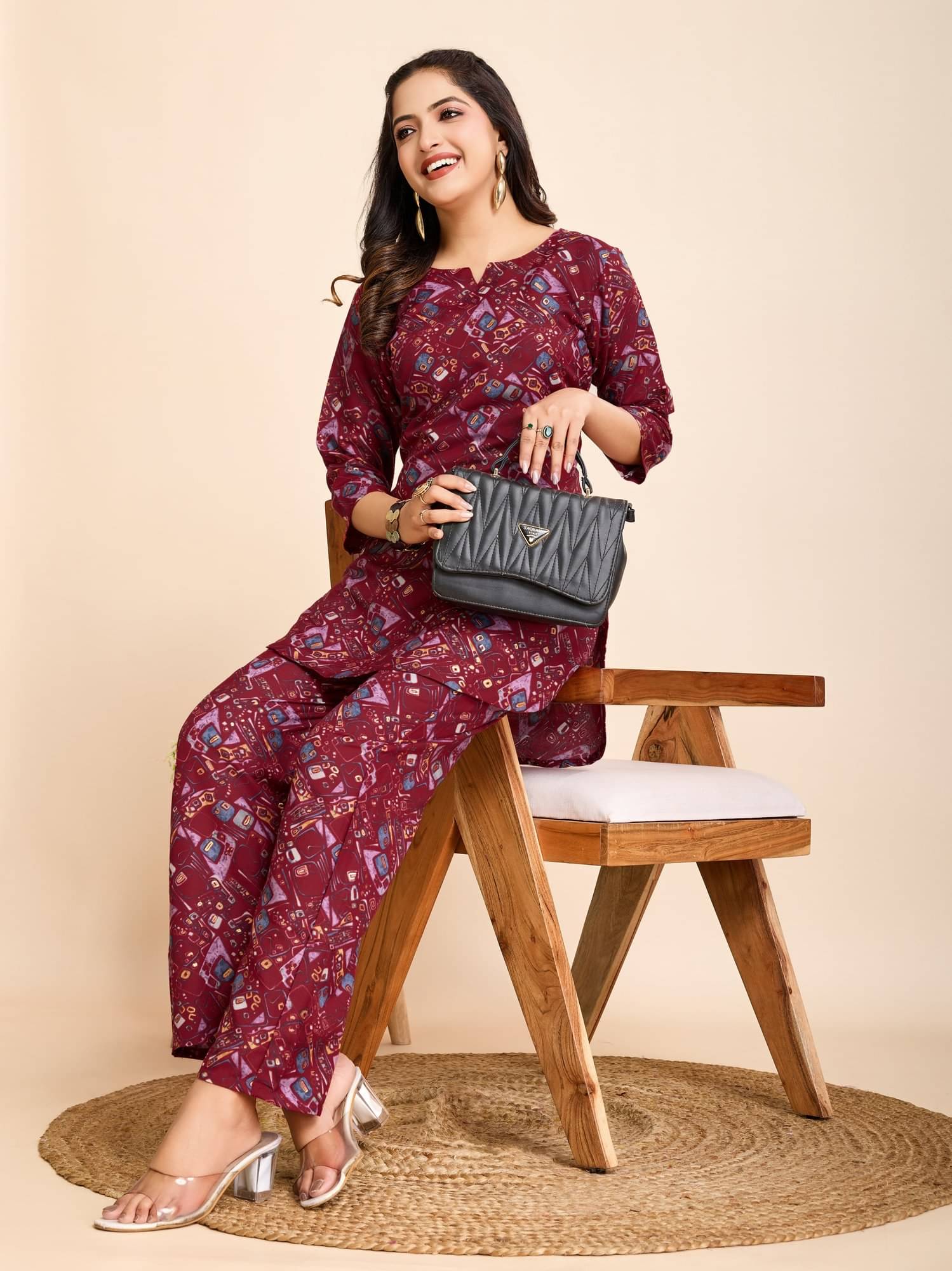     			Women Basket Women Printed Tunic With Trousers Co-Ord Set ( Maroon )
