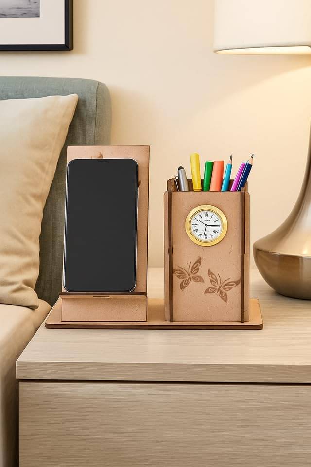     			Wooden Pen Stand with Mobile Holder & Clock – 2-in-1 Desk Organizer with Butterfly Engraving for Office & Study Table Use