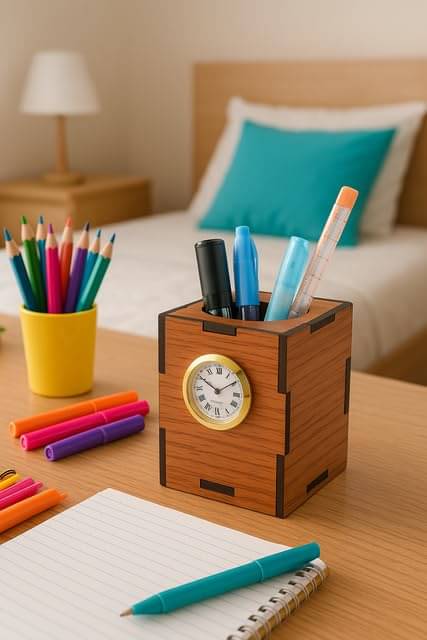     			Wooden Pen Stand with Quartz Clock – Single Compartment Desk Organizer for Office & Study Table