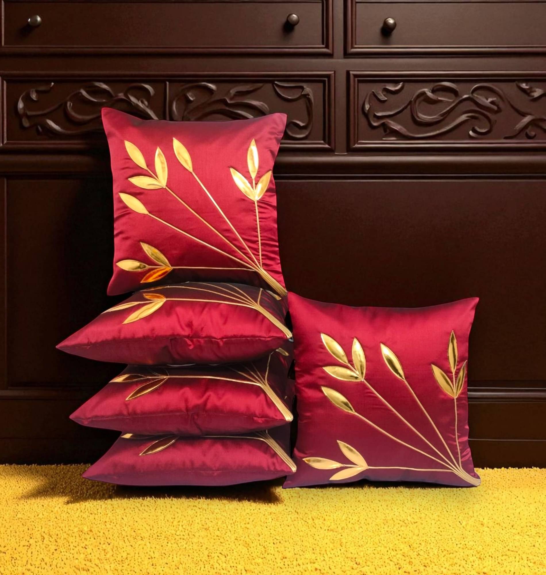     			Zikrak Set of 5 Synthetic Abstract Square Cushion Cover (40X40)cm - Maroon