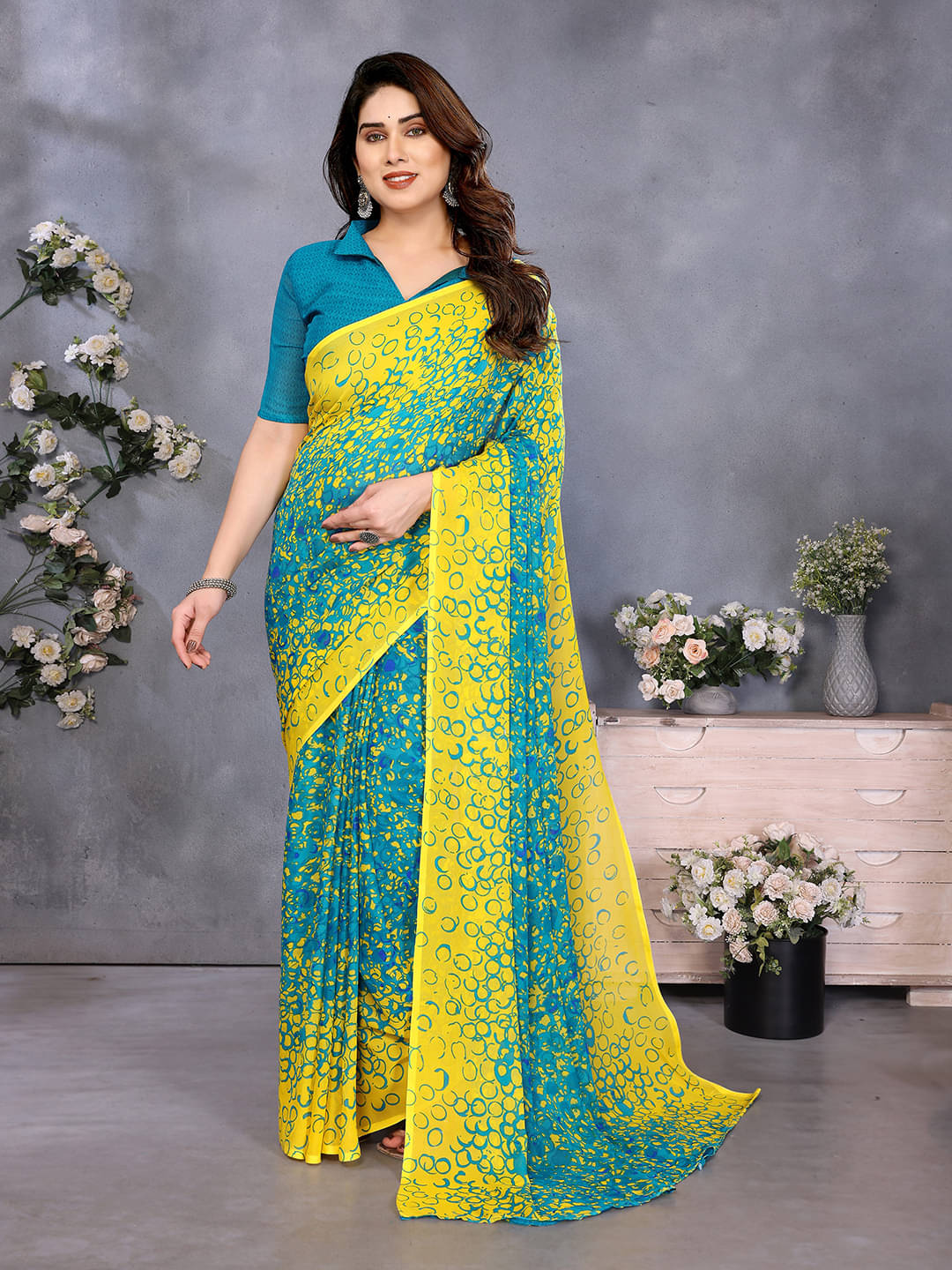     			ANAND SAREES Georgette Printed Ilkal Saree With Unstitched Blouse Piece ( YELLOW )