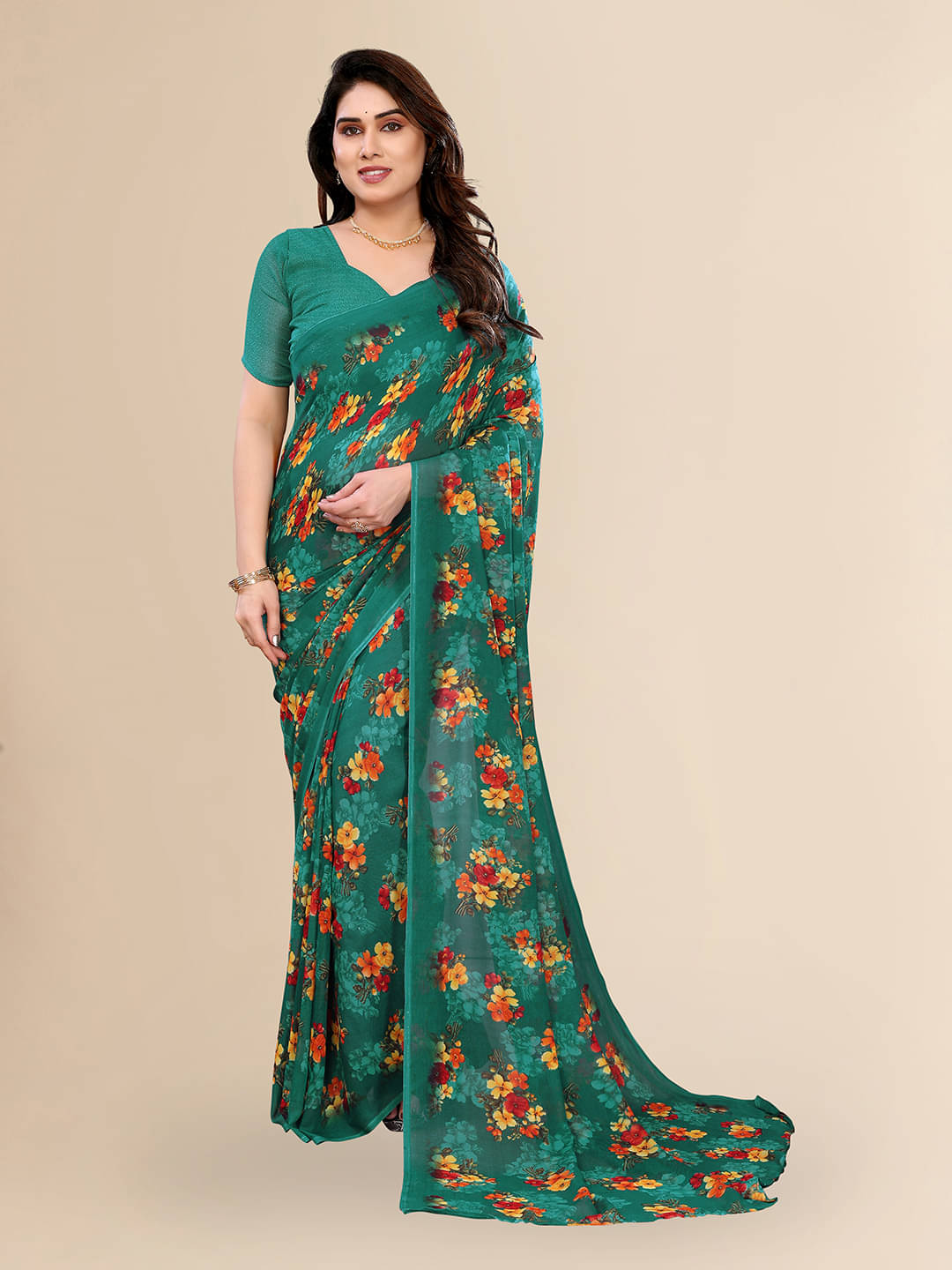     			ANAND SAREES Georgette Printed Ilkal Saree With Unstitched Blouse Piece ( RAMA )