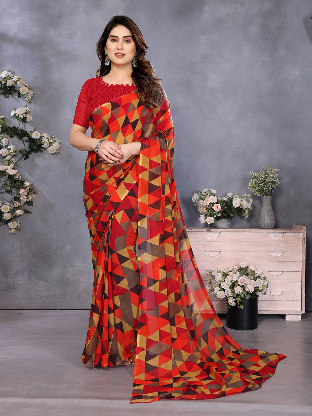     			ANAND SAREES Georgette Printed Ilkal Saree With Unstitched Blouse Piece ( RED )