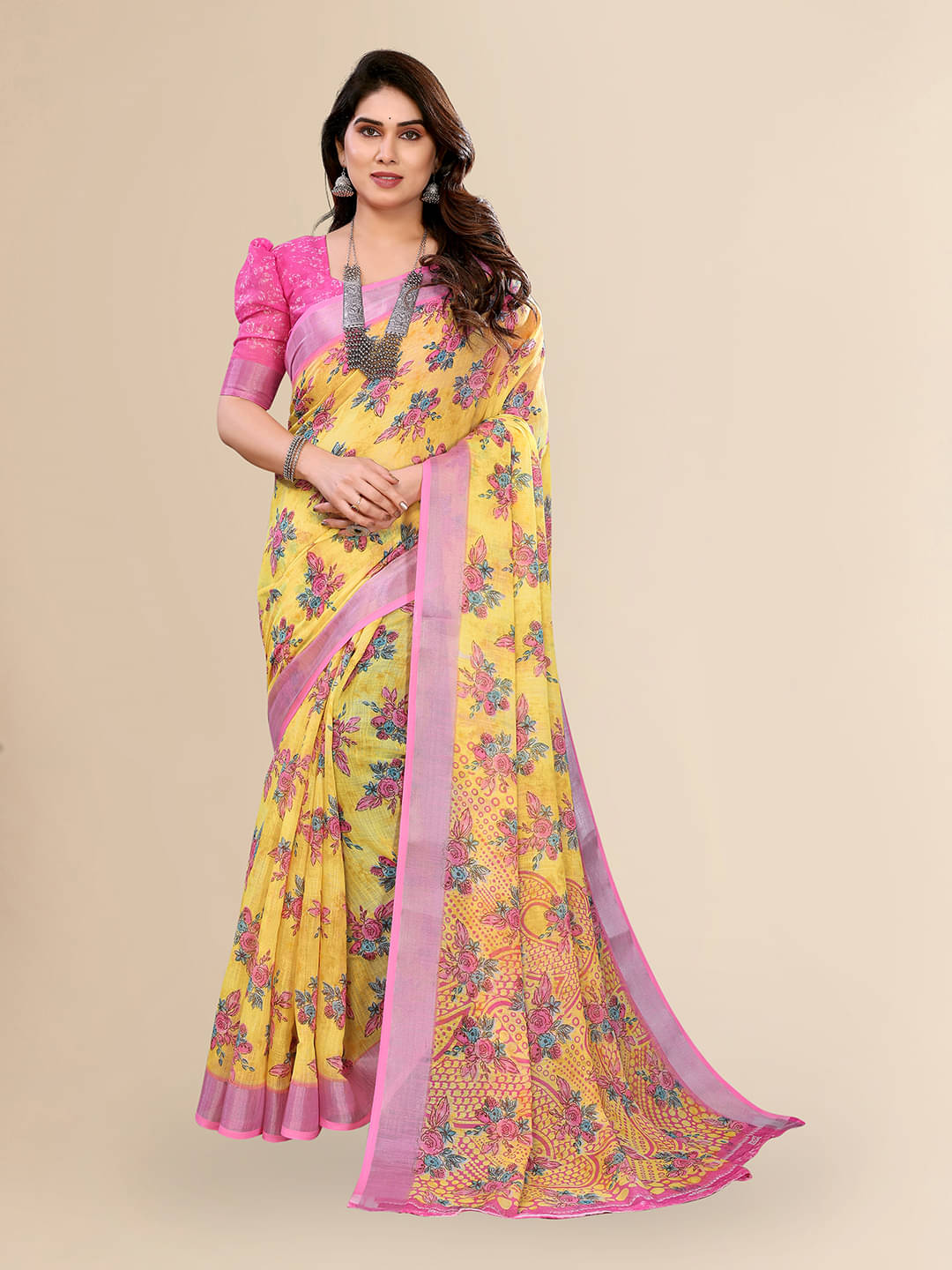     			ANAND SAREES Linen Printed Ilkal Saree With Unstitched Blouse Piece ( YELLOW )