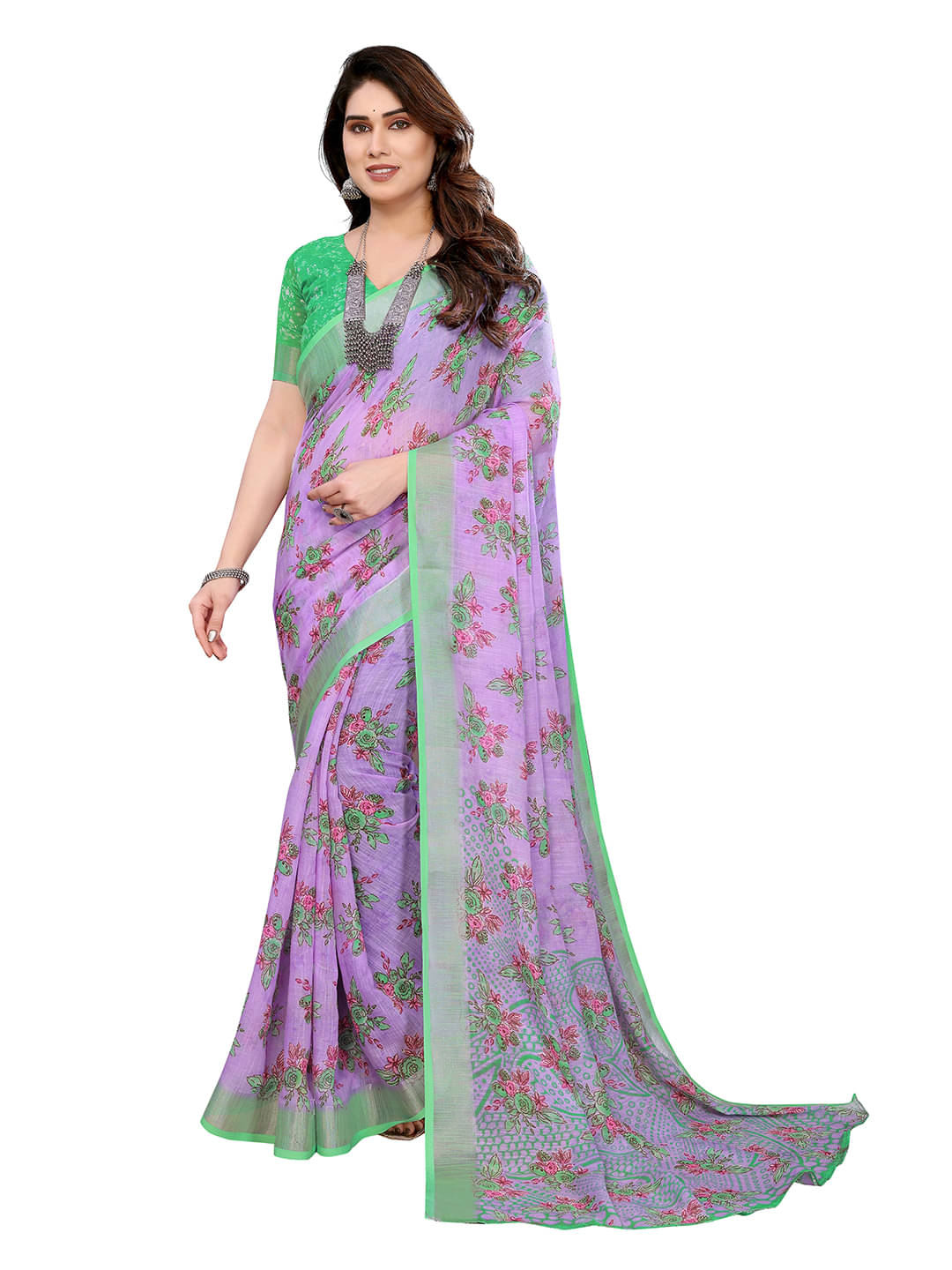     			ANAND SAREES Linen Printed Ilkal Saree With Unstitched Blouse Piece ( PURPLE )