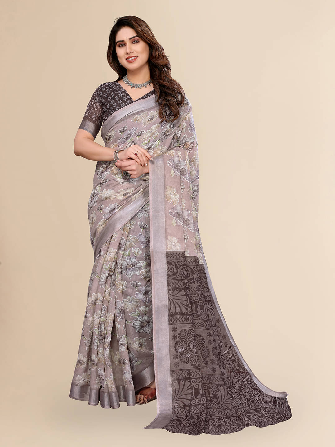     			ANAND SAREES Linen Printed Ilkal Saree With Unstitched Blouse Piece ( GREY )